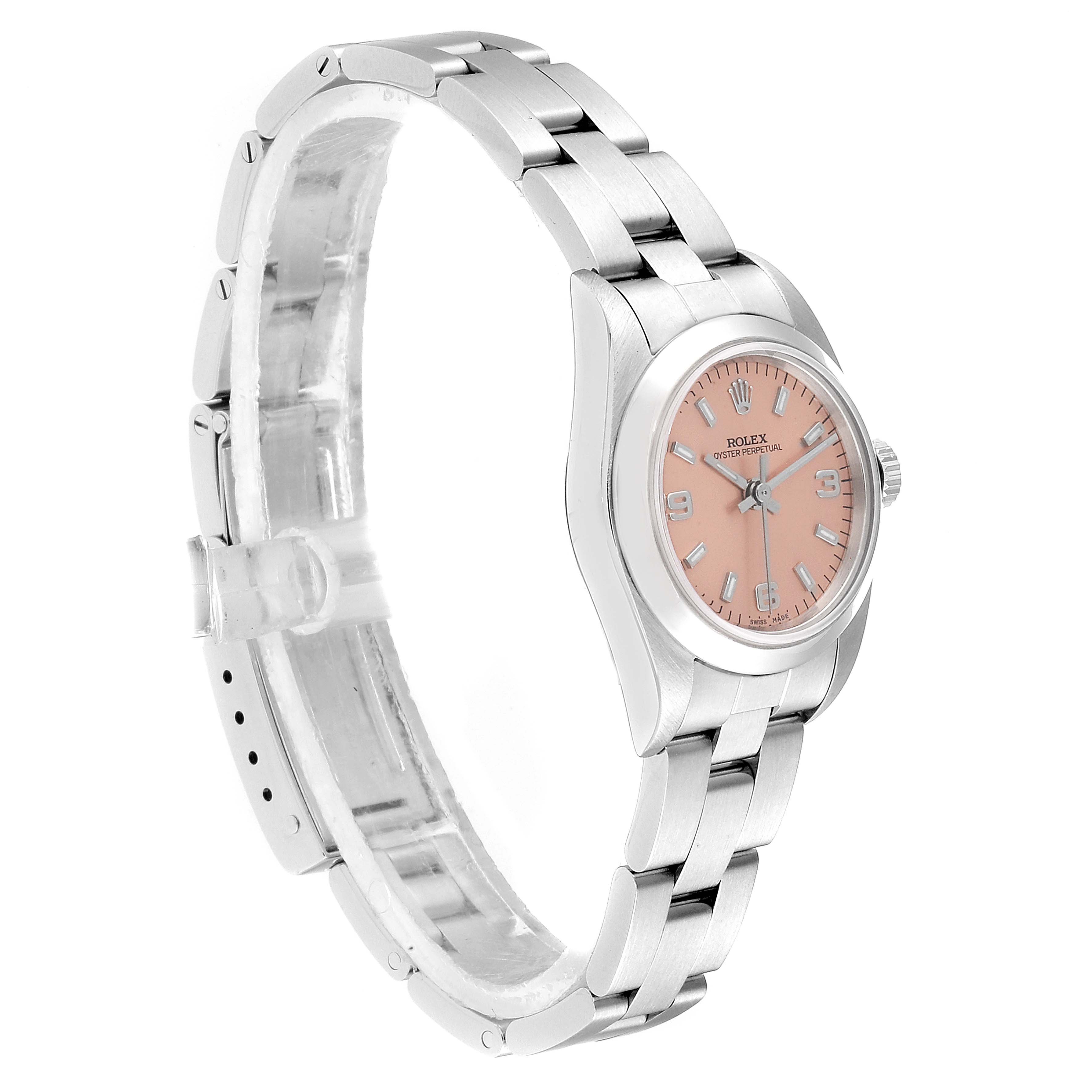 This image shows a side view of a Rolex Oyster Perpetual 76080 Women's Stainless Steel Pink Dial 76080 Women's Stainless Steel Pink Dial watch, highlighting the face, case, and metal bracelet.