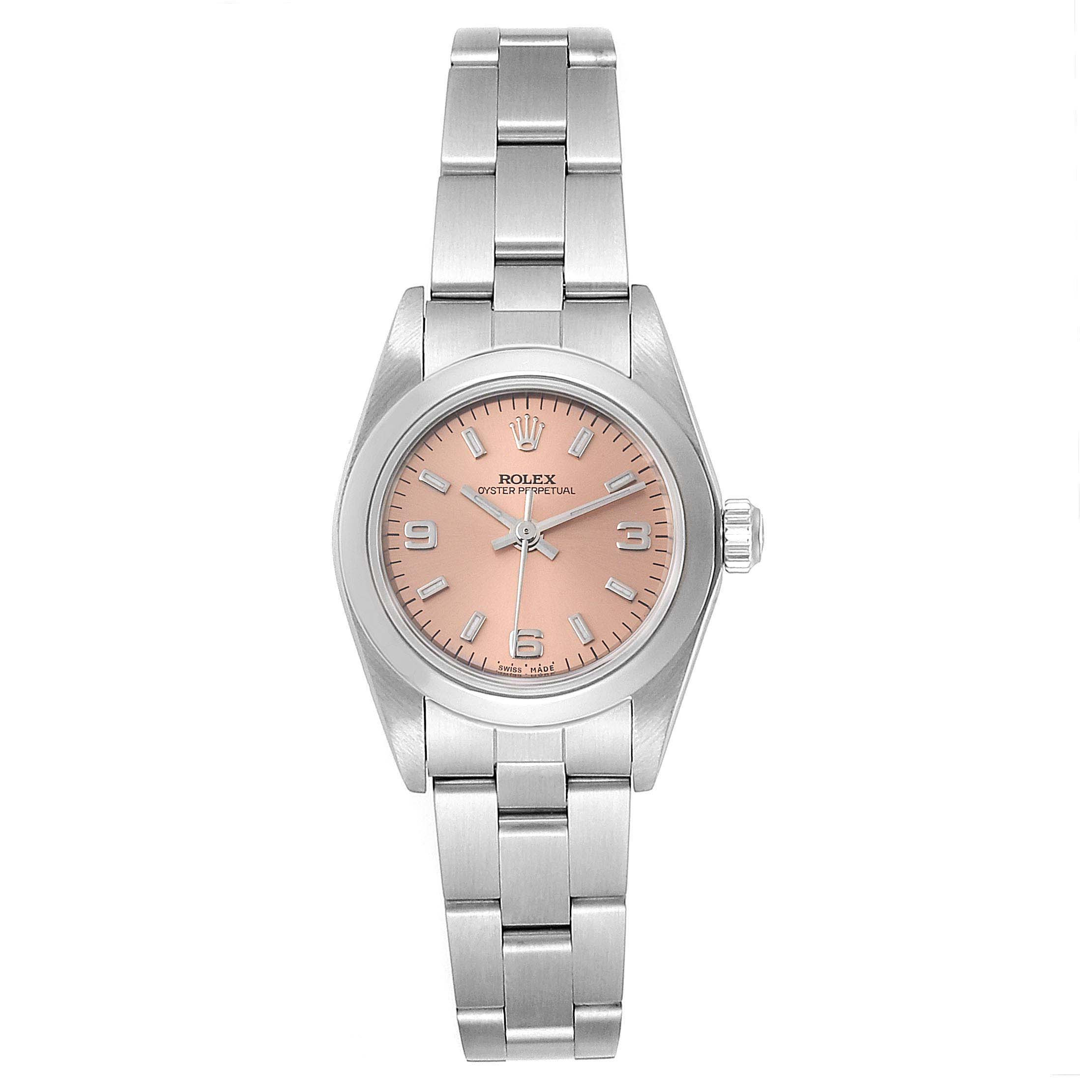 This is a front view of a Rolex Oyster Perpetual 76080 Women's Stainless Steel Pink Dial 76080 Women's Stainless Steel Pink Dial watch, showing the dial, bezel, crown, and bracelet.