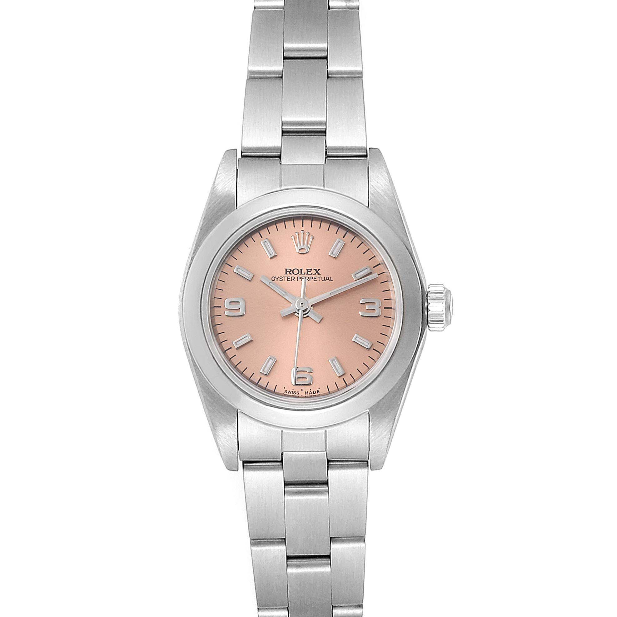 This image shows a front view of a Rolex Oyster Perpetual 76080 Women's Stainless Steel Pink Dial 76080 Women's Stainless Steel Pink Dial watch with a pink dial and a stainless steel bracelet.