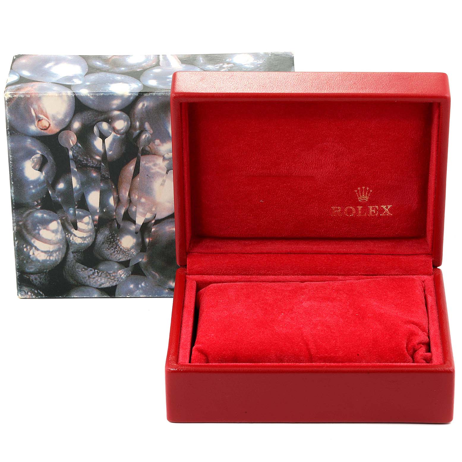 The image shows an open red Rolex box with a velvet interior, intended for an Oyster Perpetual model watch.