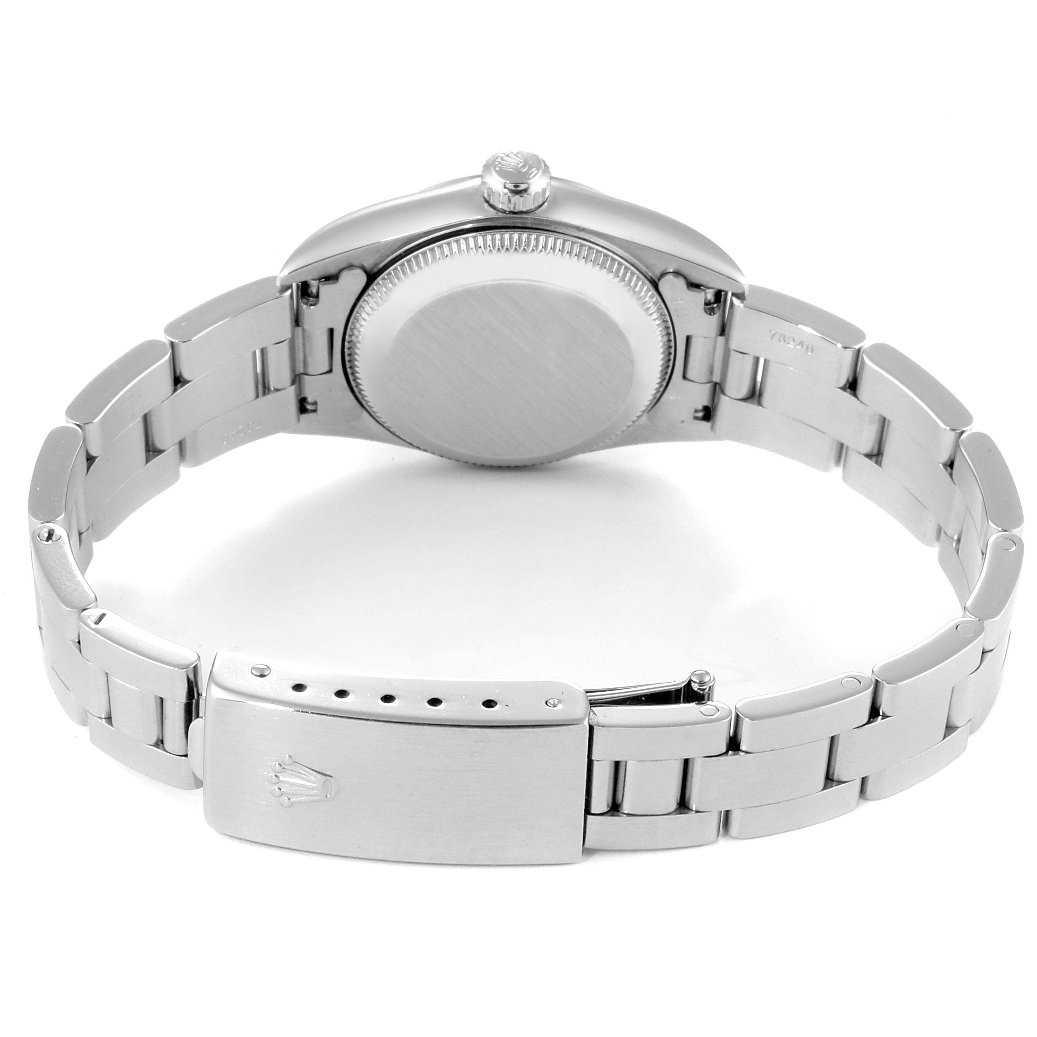 The image shows the back, side view, and bracelet clasp of a Rolex Oyster Perpetual 76080 Women's Stainless Steel Pink Dial 76080 Women's Stainless Steel Pink Dial watch.