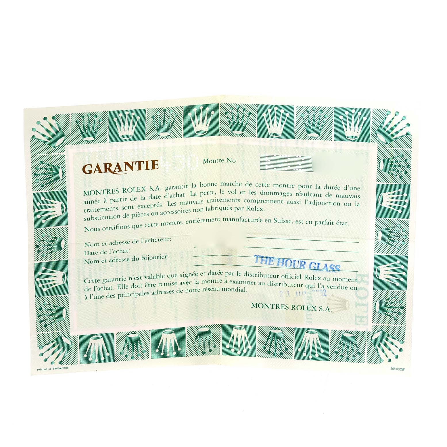 This image shows the warranty certificate for a Rolex Oyster Perpetual 76080 Women's Stainless Steel Black Dial 76080 Women's Stainless Steel Black Dial watch.