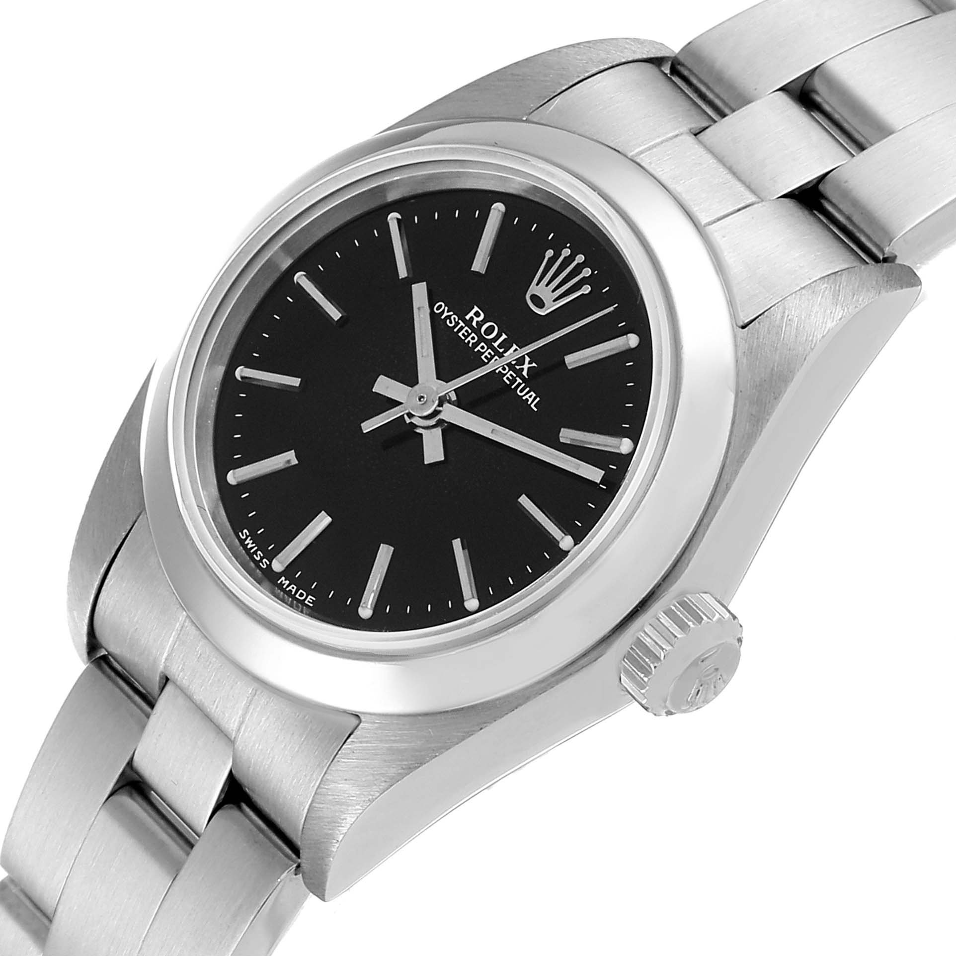 The image shows a side angle of the Rolex Oyster Perpetual 76080 Women's Stainless Steel Black Dial 76080 Women's Stainless Steel Black Dial watch, highlighting the dial, crown, and stainless steel bracelet.