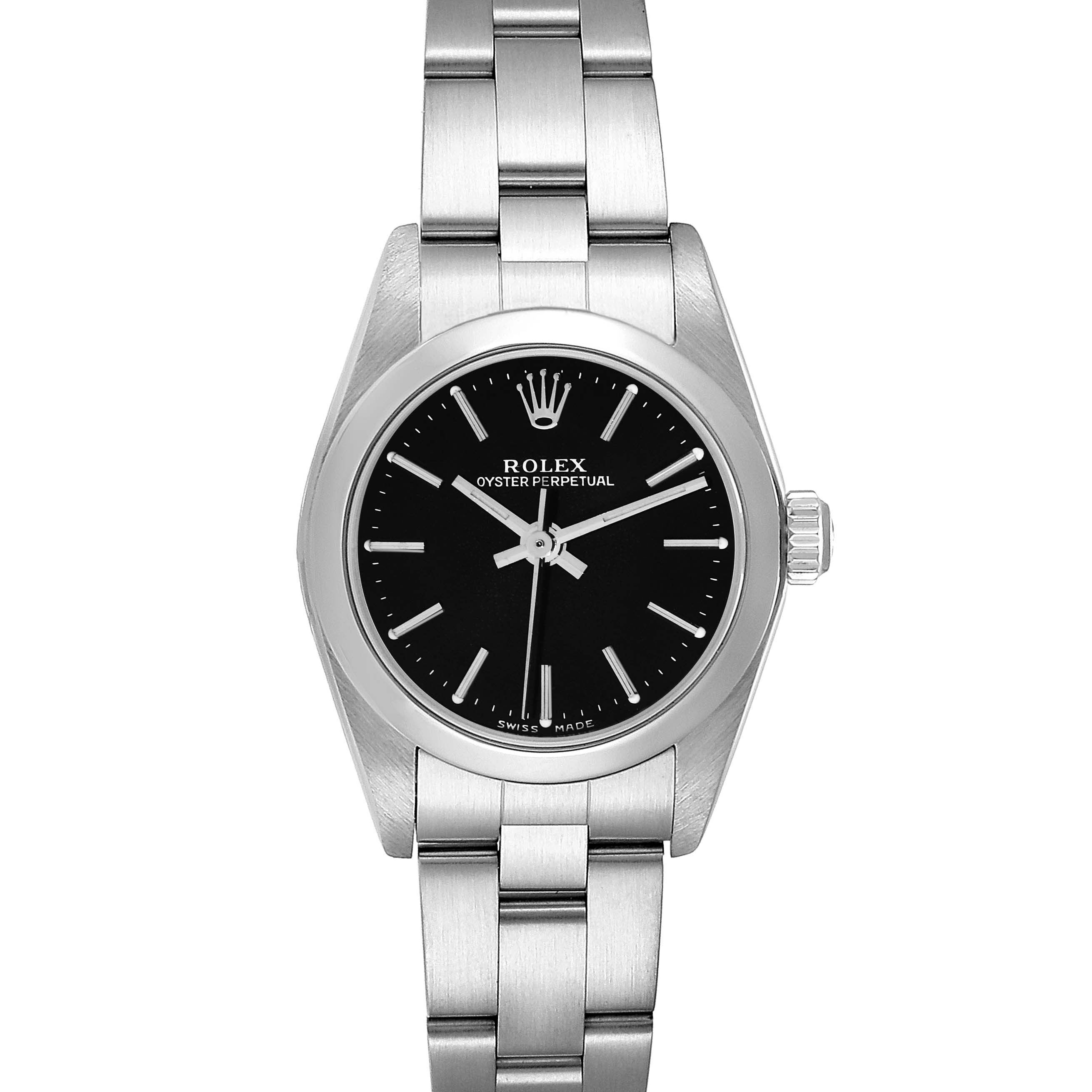 The image shows a front view of a Rolex Oyster Perpetual 76080 Women's Stainless Steel Black Dial 76080 Women's Stainless Steel Black Dial, displaying the face, crown, and bracelet.