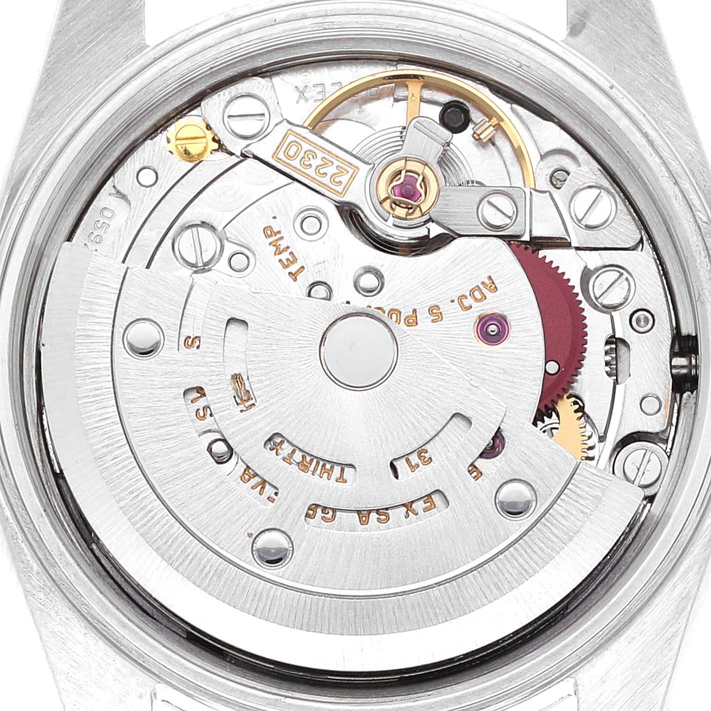 The image shows the inner mechanical movement of a Rolex Oyster Perpetual 76080 Women's Stainless Steel Black Dial 76080 Women's Stainless Steel Black Dial watch viewed from the back.