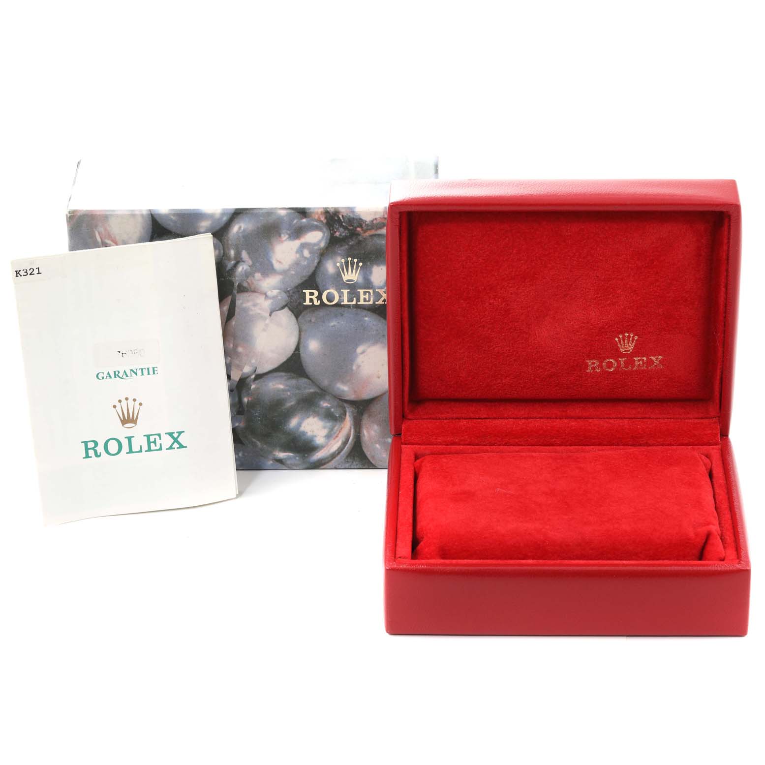 The image shows a red Rolex Oyster Perpetual 76080 Women's Stainless Steel Black Dial 76080 Women's Stainless Steel Black Dial watch box, warranty booklet, and outer packaging box.