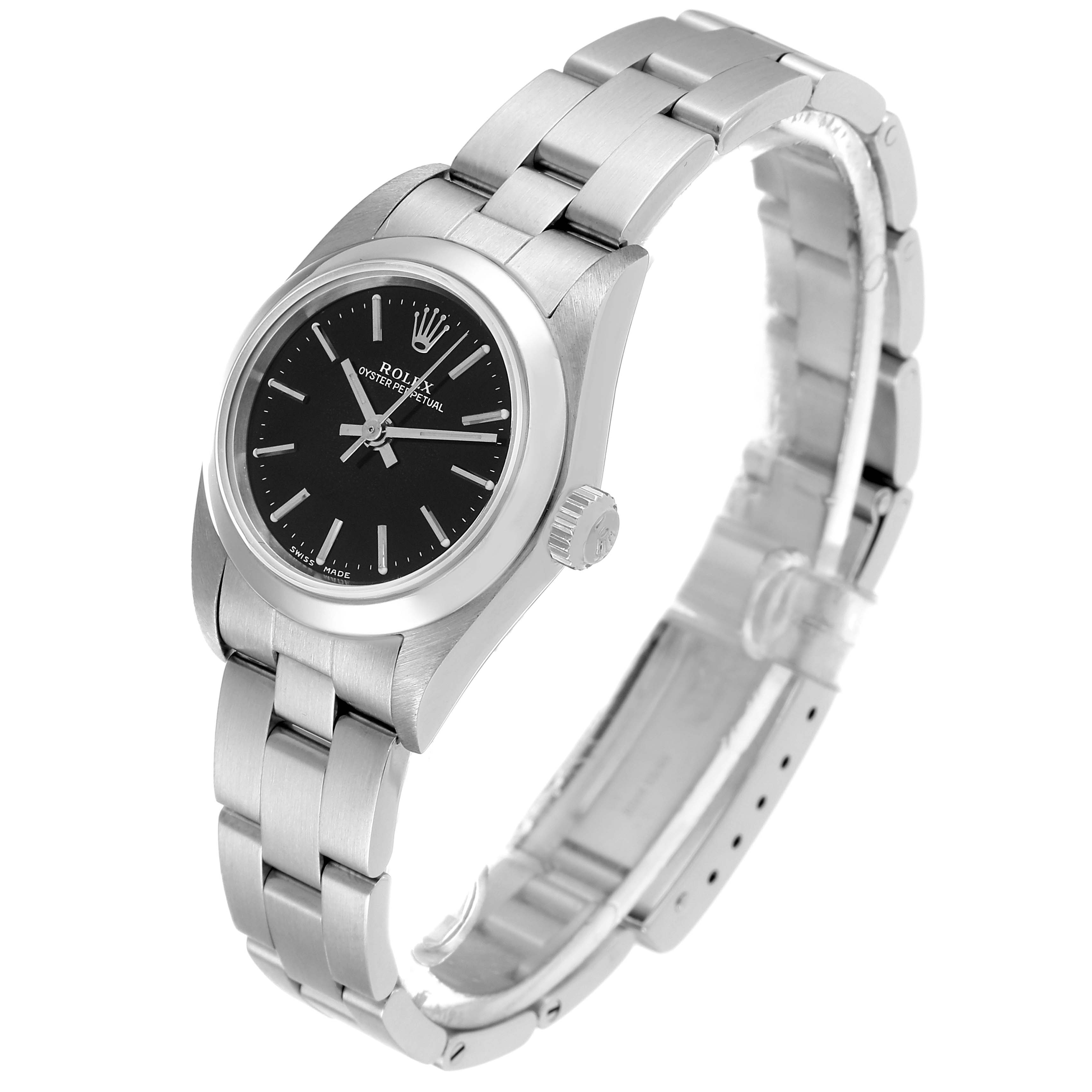 The image shows a Rolex Oyster Perpetual 76080 Women's Stainless Steel Black Dial 76080 Women's Stainless Steel Black Dial watch at a slight angle, highlighting its black dial, case, crown, and stainless steel bracelet.