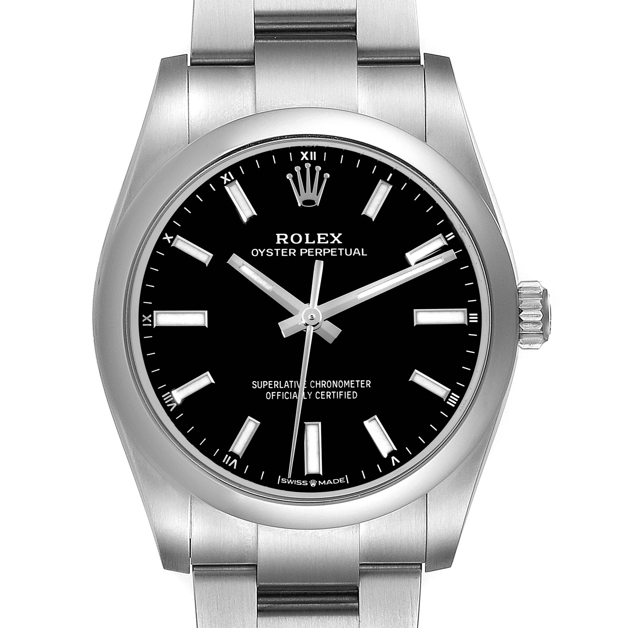 The image shows a front view of a Rolex Oyster Perpetual 124200 Men's Stainless Steel Black Dial 124200 Men's Stainless Steel Black Dial watch, focusing on the dial, bezel, and part of the bracelet.