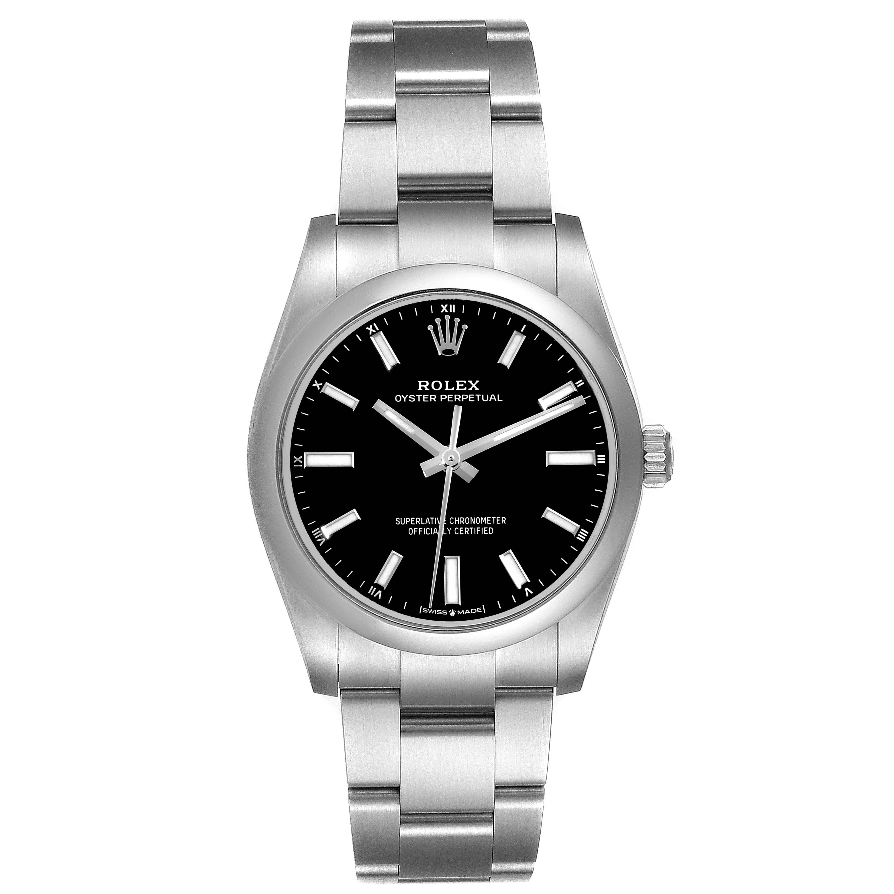 The image shows a Rolex Oyster Perpetual 124200 Men's Stainless Steel Black Dial 124200 Men's Stainless Steel Black Dial watch from a front view, highlighting the face, bezel, crown, and bracelet.