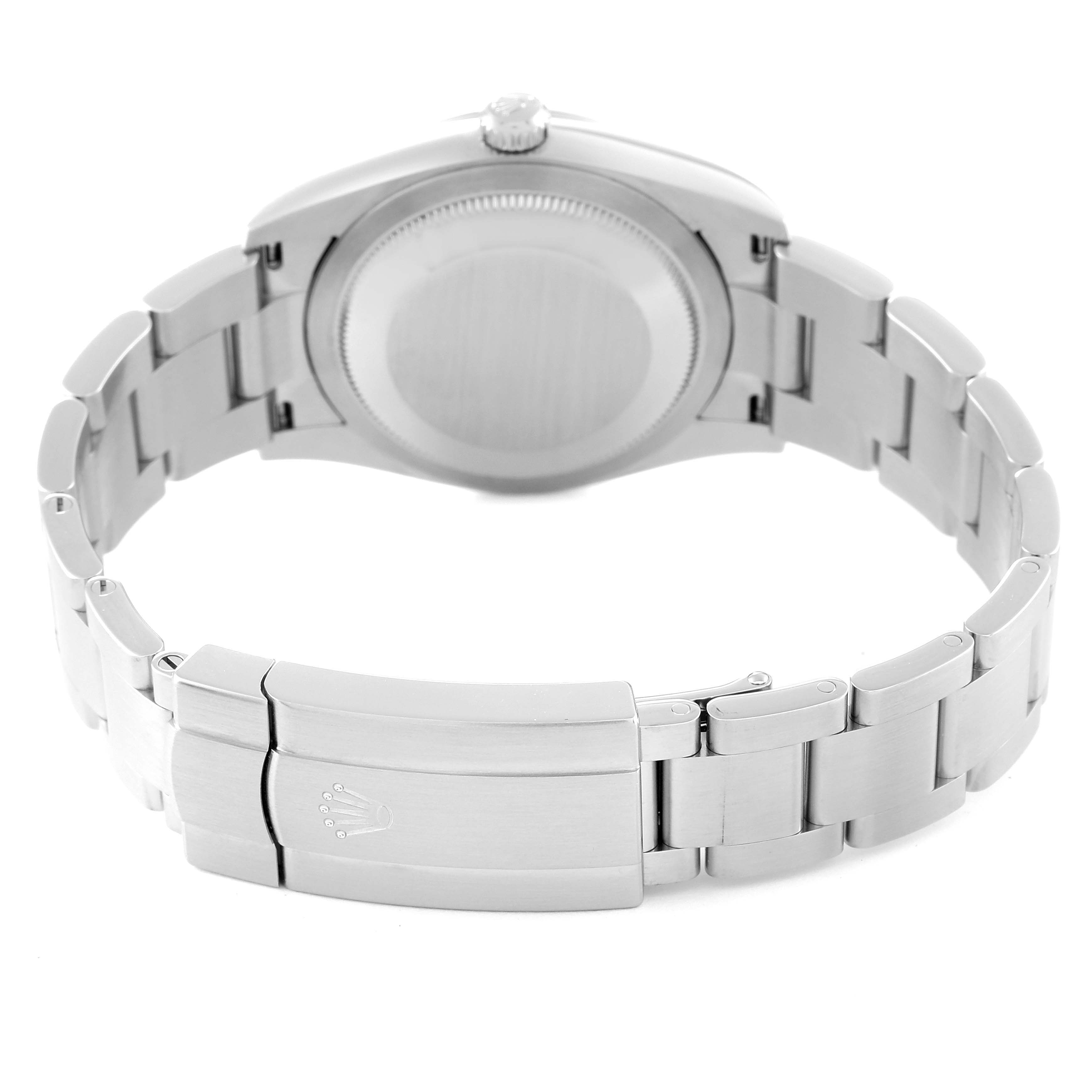 The image shows the back view of a Rolex Oyster Perpetual 124200 Men's Stainless Steel Black Dial 124200 Men's Stainless Steel Black Dial watch, highlighting the bracelet and clasp with the iconic crown logo.