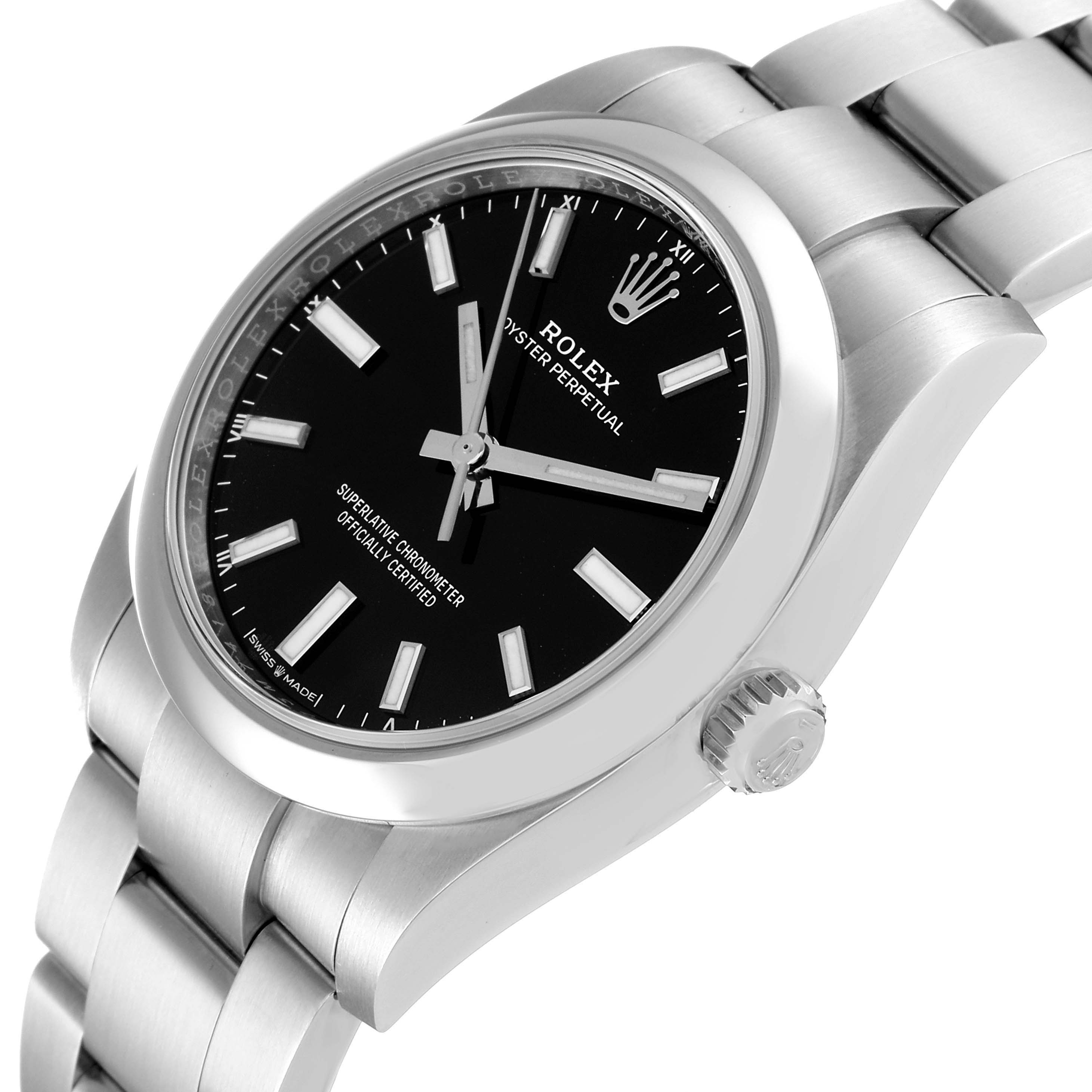 The image shows a close-up, angled view of the dial, case, crown, and part of the bracelet of the Rolex Oyster Perpetual 124200 Men's Stainless Steel Black Dial 124200 Men's Stainless Steel Black Dial watch.