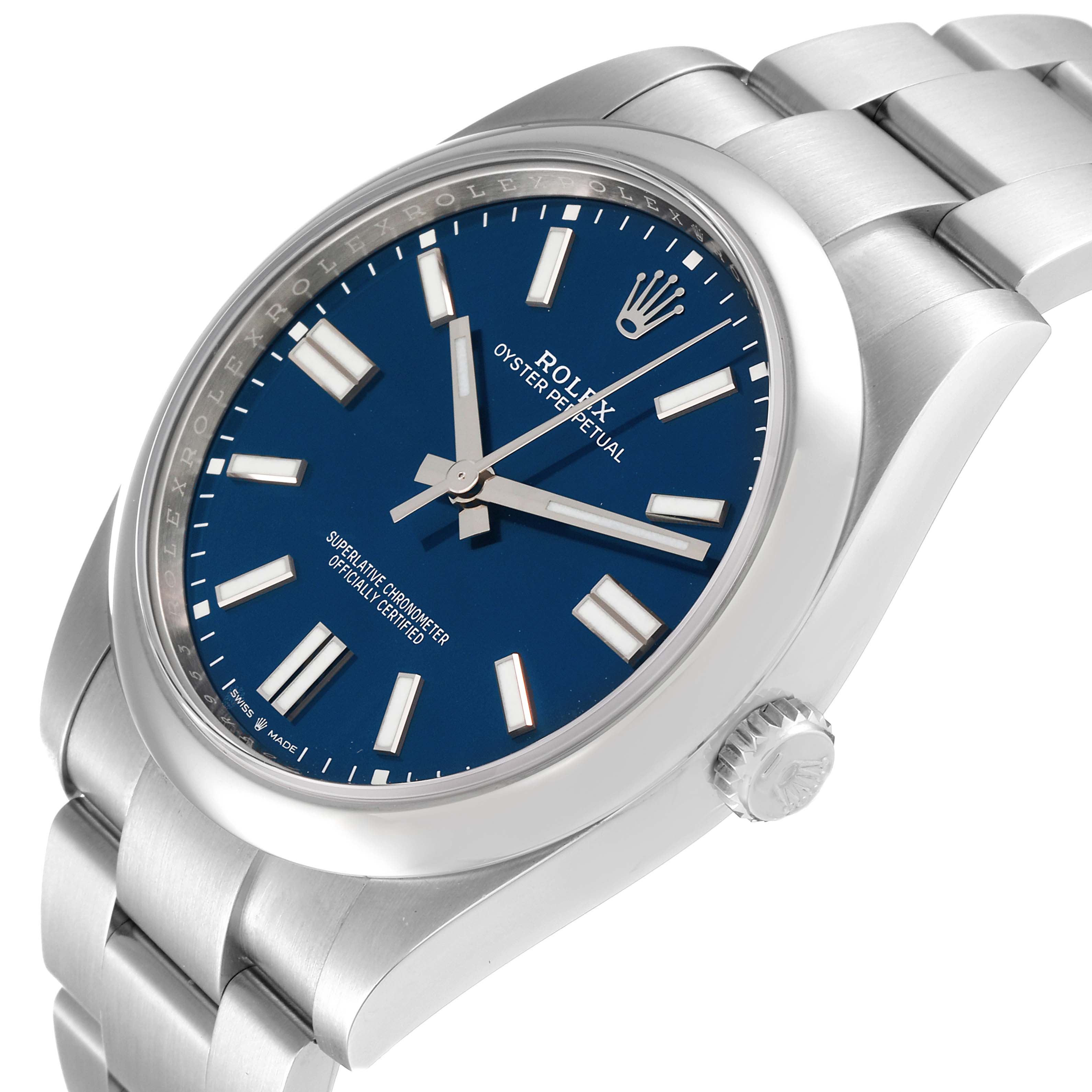 The image shows a Rolex Oyster Perpetual 124300 Men
s Stainless Steel Blue Dial 124300 Men
s Stainless Steel Blue Dial watch from a side angle, highlighting its blue dial, stainless steel bracelet, and crown.