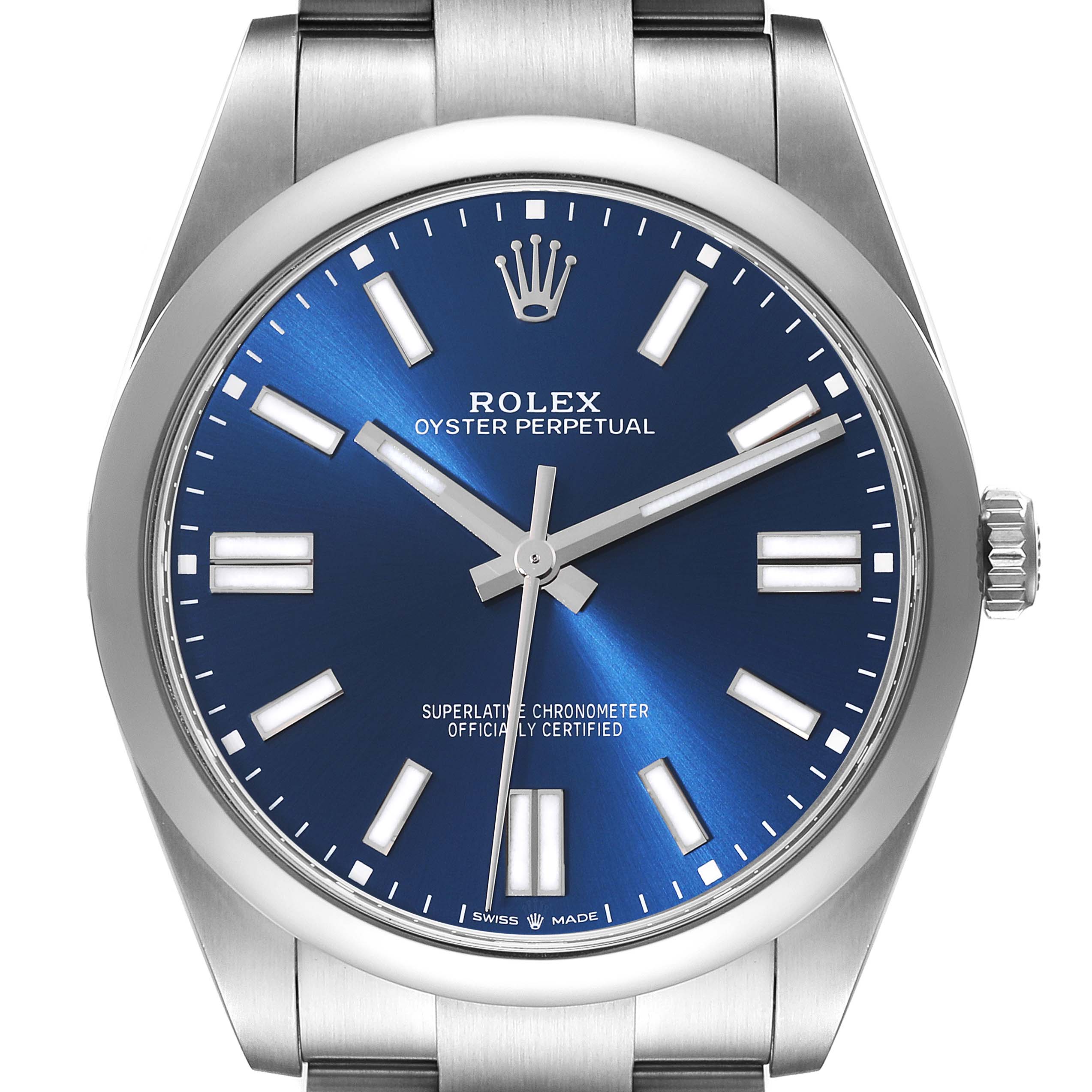 The image shows a front view of the Rolex Oyster Perpetual 124300 Men
s Stainless Steel Blue Dial 124300 Men
s Stainless Steel Blue Dial watch, highlighting its blue dial, hour markers, and stainless steel case.