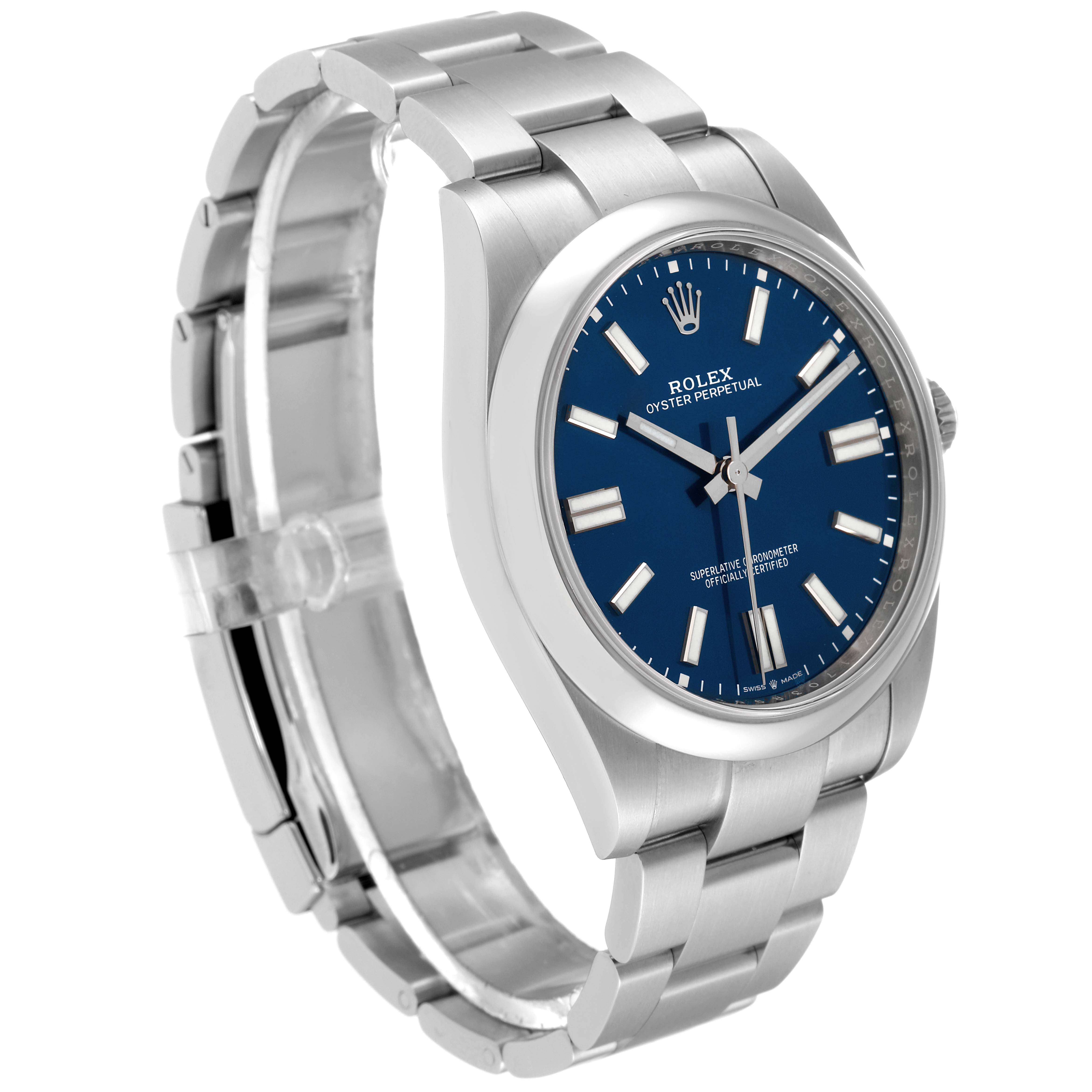 This image shows a side and front angle of the Rolex Oyster Perpetual 124300 Men
s Stainless Steel Blue Dial 124300 Men
s Stainless Steel Blue Dial watch, highlighting its blue dial and stainless steel bracelet.