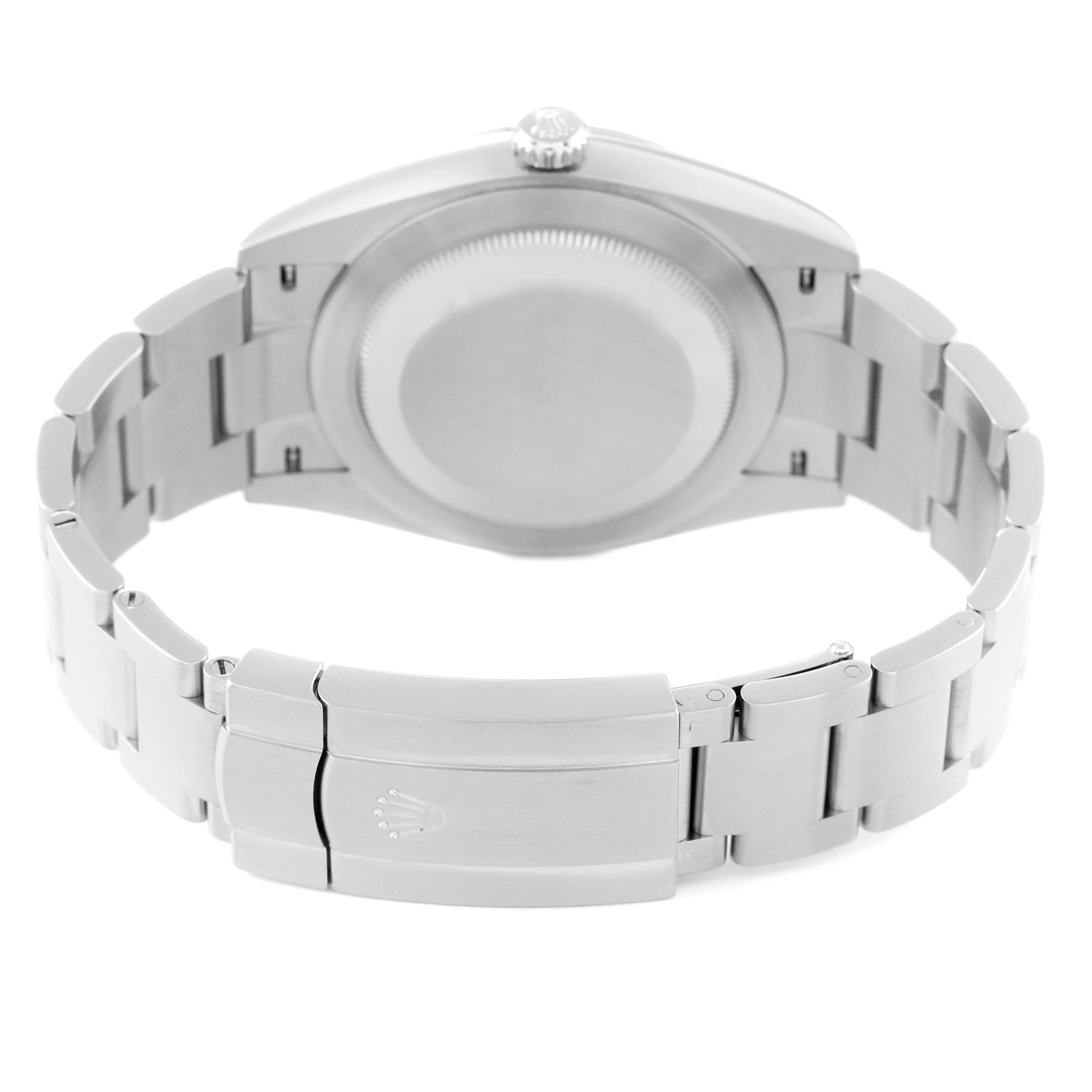 The image shows the back case and bracelet of a Rolex Oyster Perpetual 124300 Men
s Stainless Steel Blue Dial 124300 Men
s Stainless Steel Blue Dial watch from the rear angle.