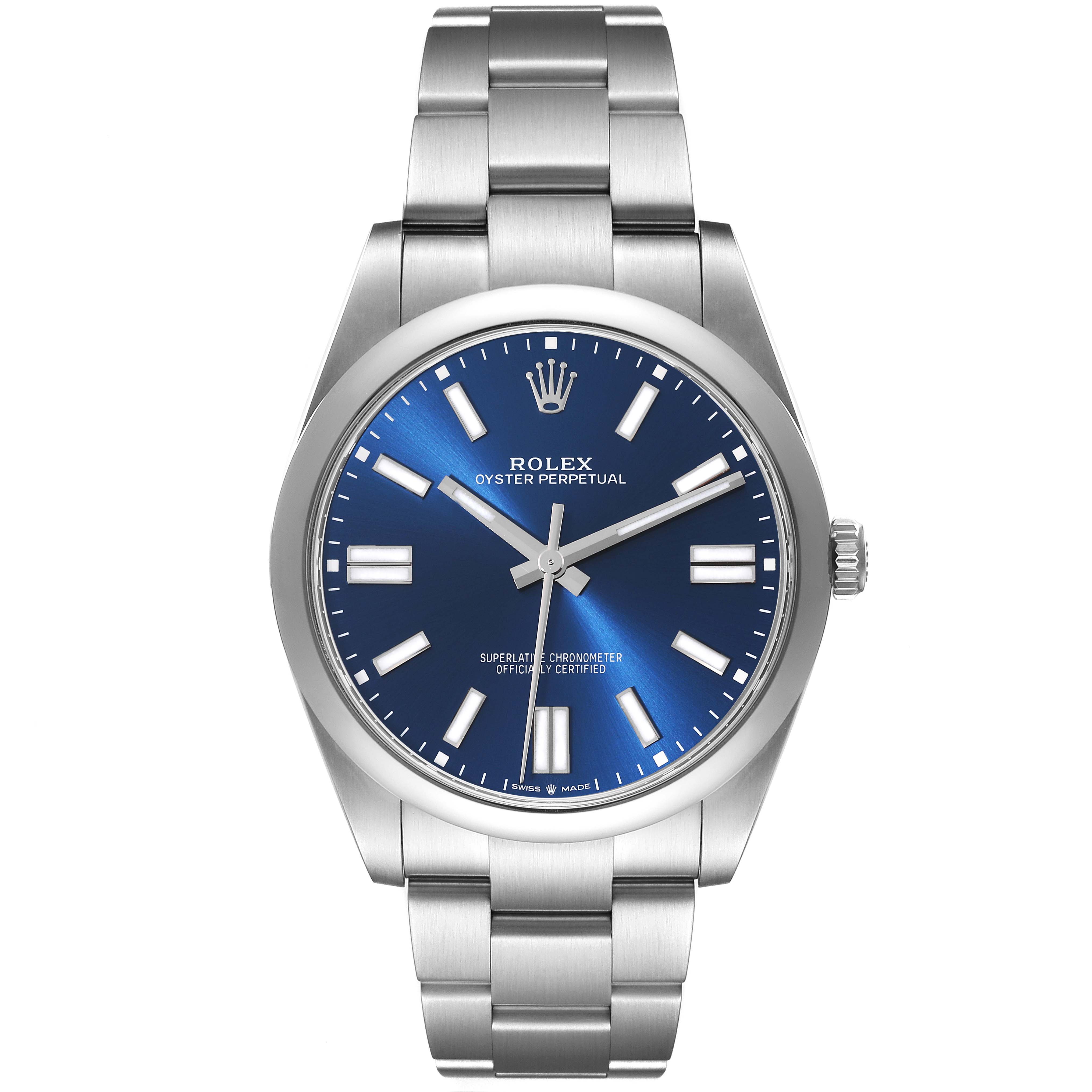 The image shows a front view of a Rolex Oyster Perpetual 124300 Men
s Stainless Steel Blue Dial 124300 Men
s Stainless Steel Blue Dial watch with a blue dial and stainless steel bracelet.