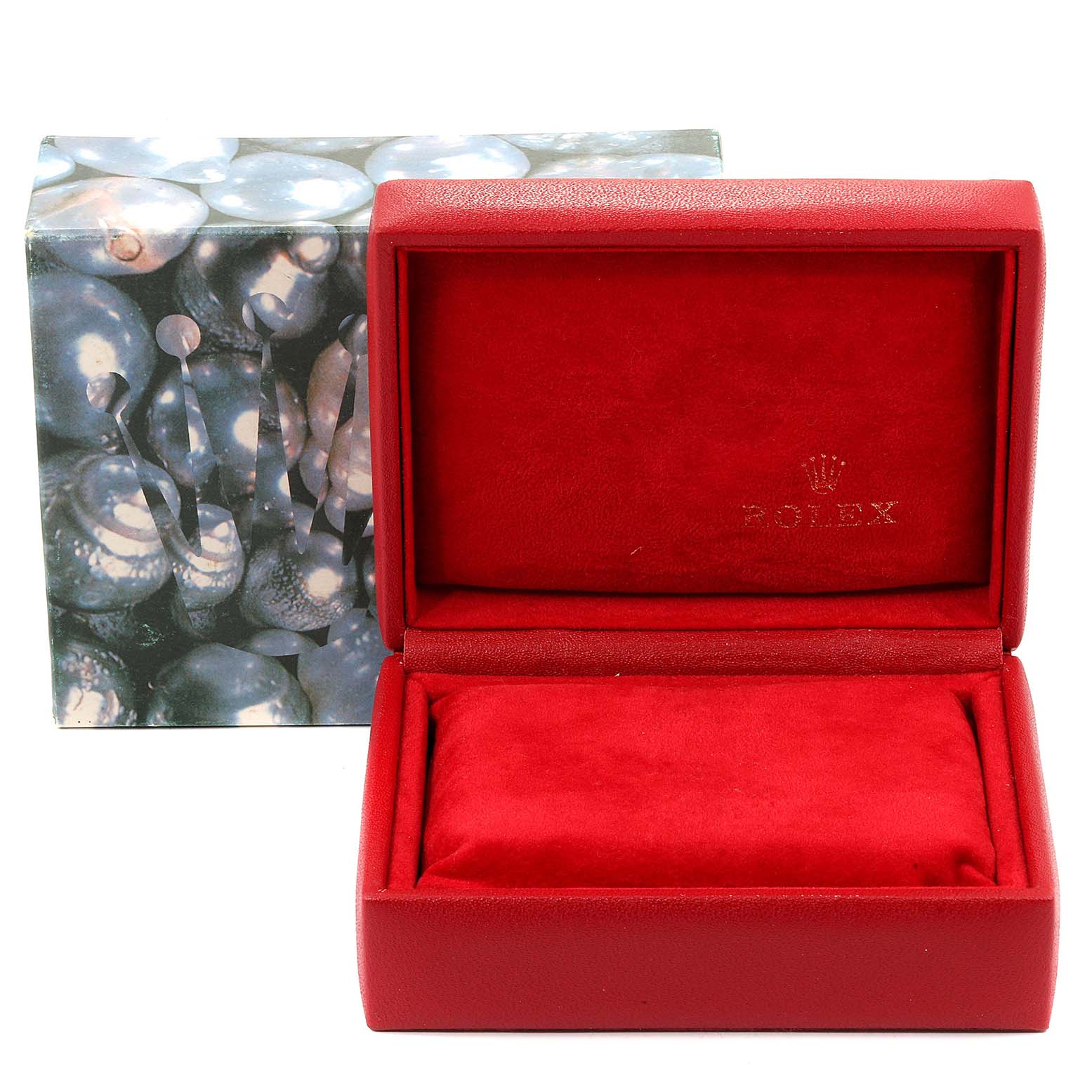 The image shows a red Rolex watch box and the outer packaging for the Oyster Perpetual model.
