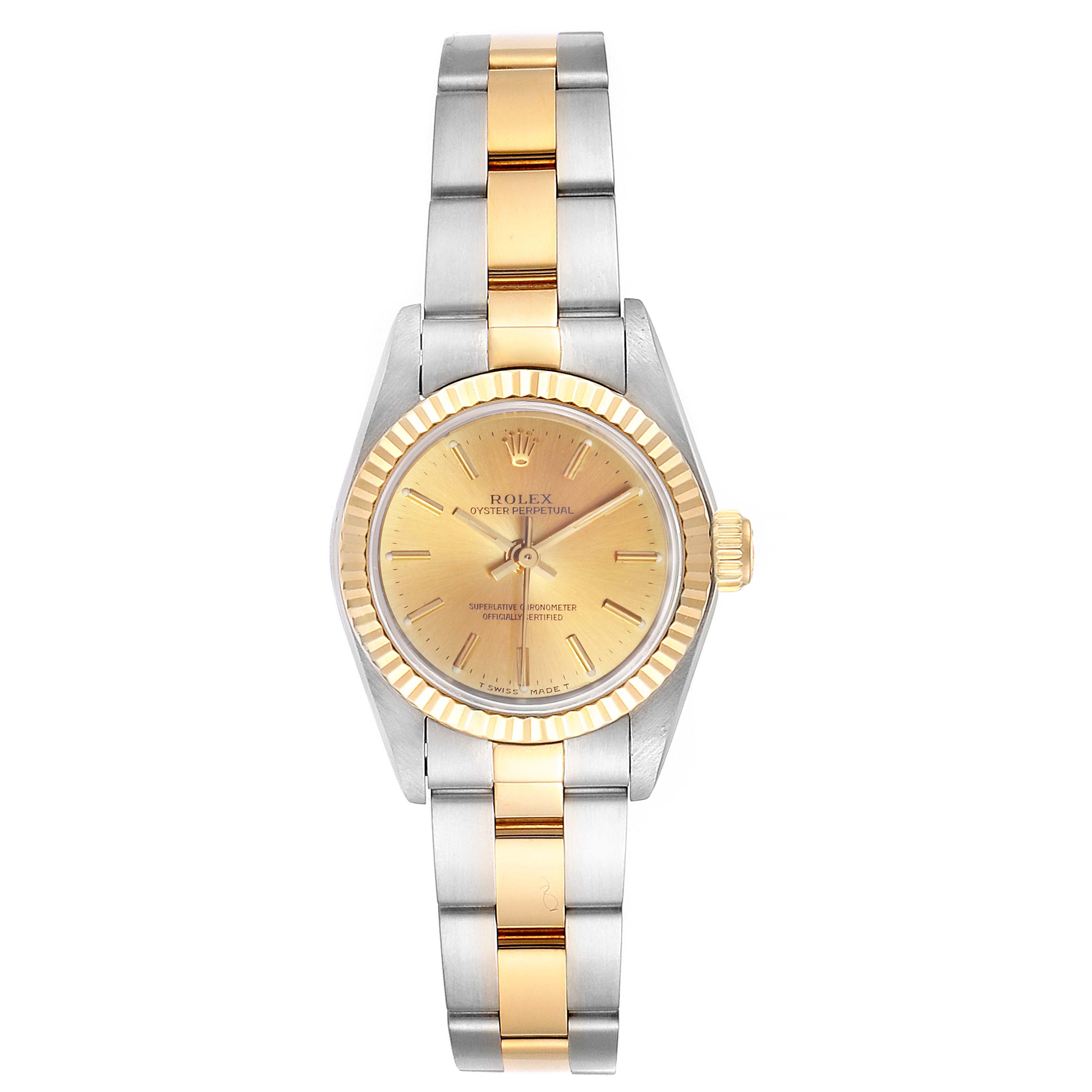 The image shows a front view of a Rolex Oyster Perpetual 67193 Women's Steel and Gold (two tone) Champagne Dial 67193 Women's Steel and Gold (two tone) Champagne Dial watch featuring a two-tone metal bracelet and a gold dial with fluted bezel.