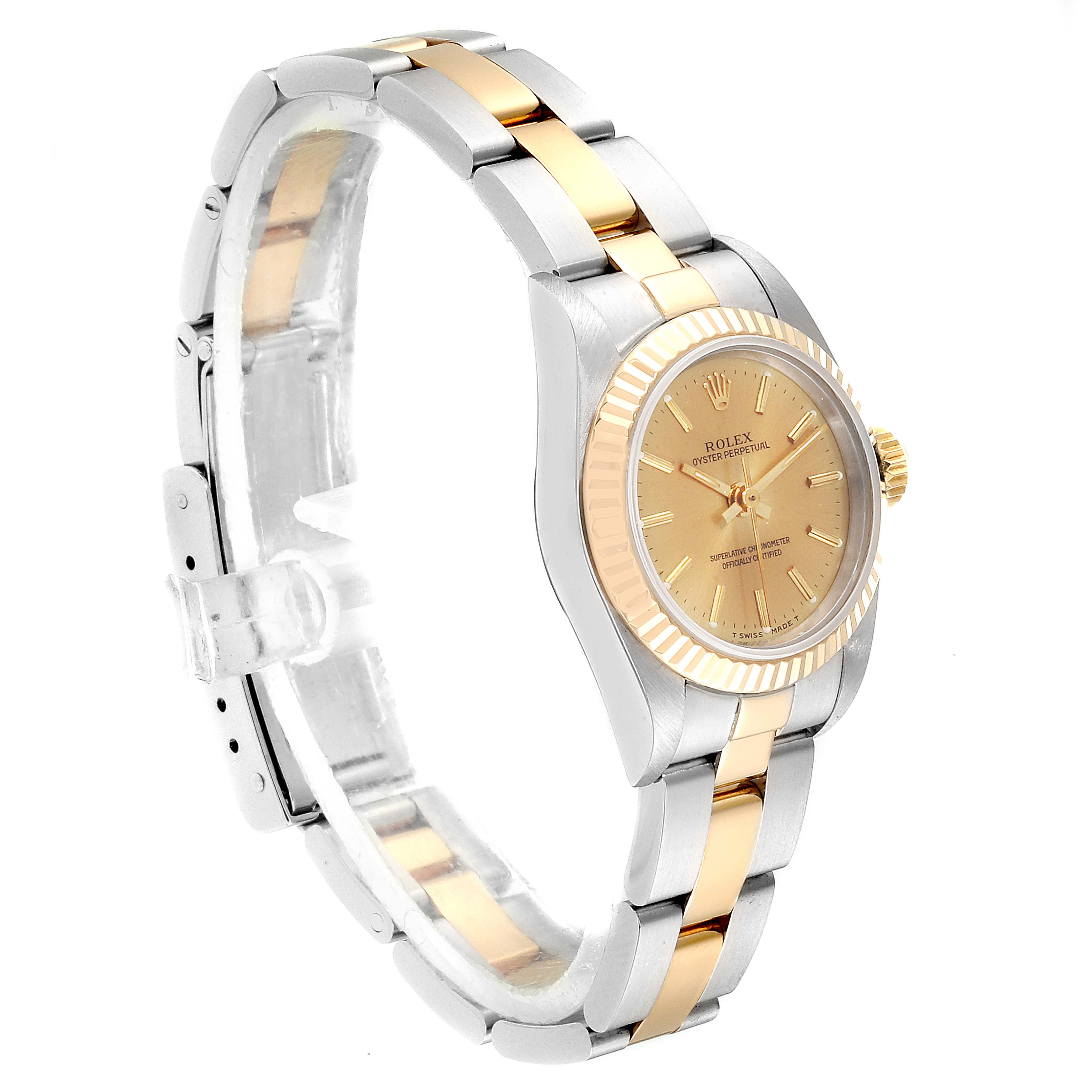The image shows a side view of a Rolex Oyster Perpetual 67193 Women's Steel and Gold (two tone) Champagne Dial 67193 Women's Steel and Gold (two tone) Champagne Dial watch, highlighting its two-tone bracelet and gold dial.