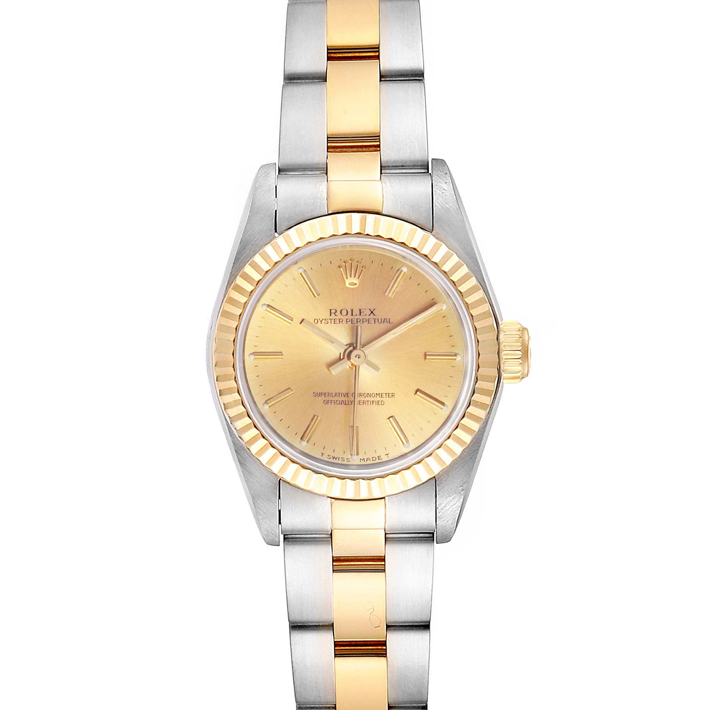 This image shows a Rolex Oyster Perpetual 67193 Women's Steel and Gold (two tone) Champagne Dial 67193 Women's Steel and Gold (two tone) Champagne Dial watch from a front angle, highlighting the face, bezel, and bracelet.