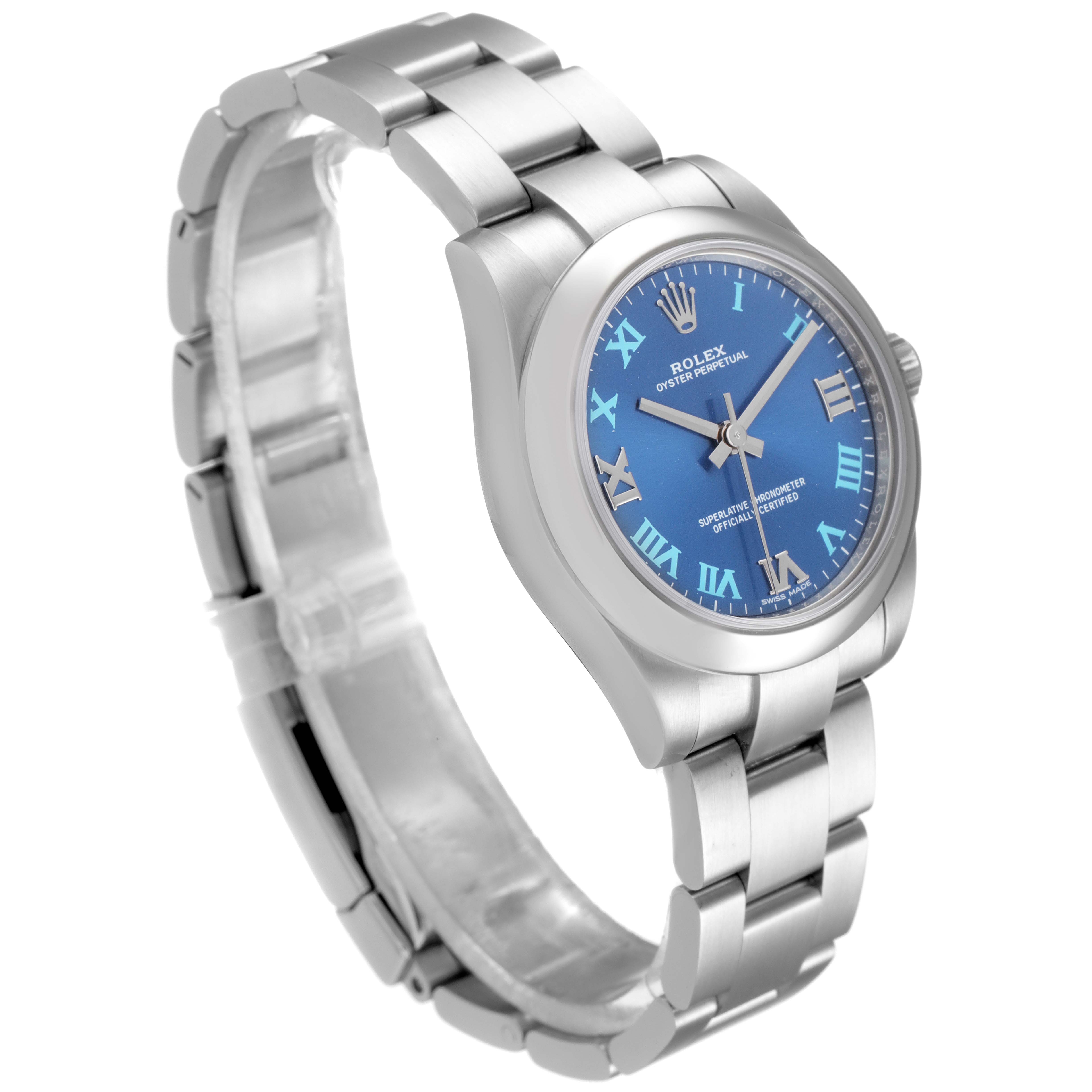 This is a side-angle view of a Rolex Mid-Size 177200 Women's Stainless Steel Blue Dial 177200 Women's Stainless Steel Blue Dial model watch, displaying the bracelet, case, and blue dial with Roman numerals.