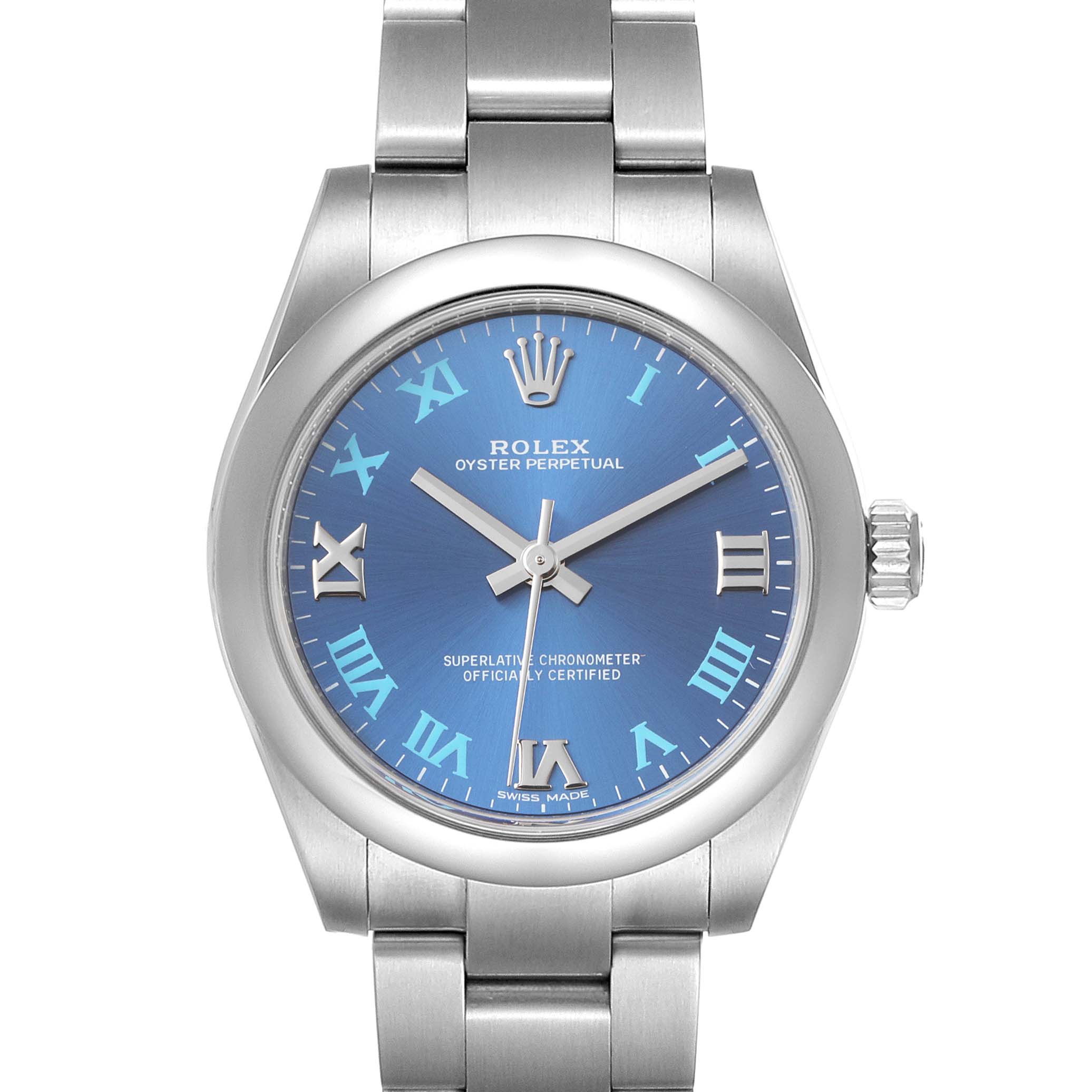 The image shows a front view of a Rolex Oyster Perpetual Mid-Size watch, highlighting the face, bezel, and bracelet.
