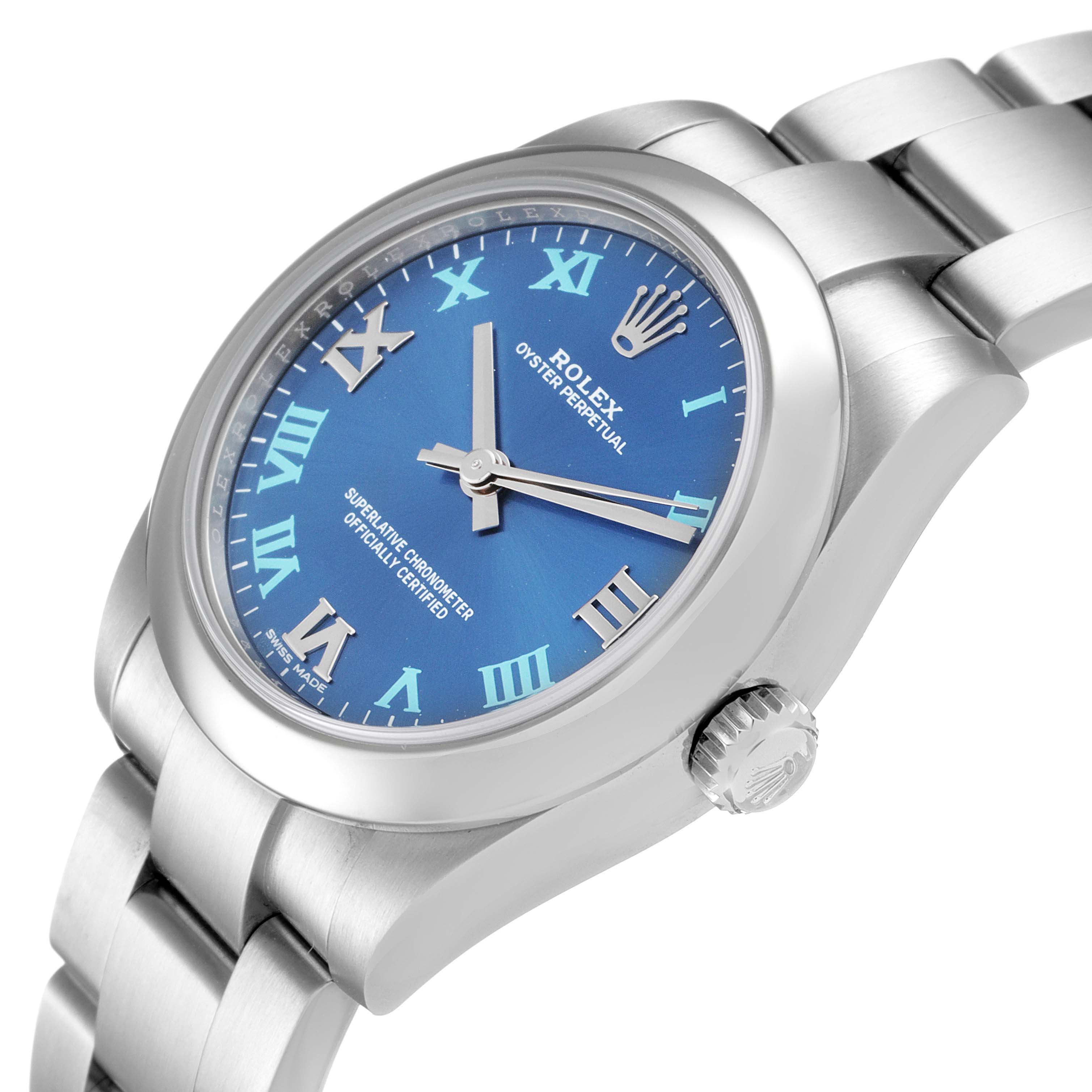 This image shows a side angle of a Rolex Oyster Perpetual Mid-Size watch, highlighting the blue dial, silver hands, and Roman numerals.