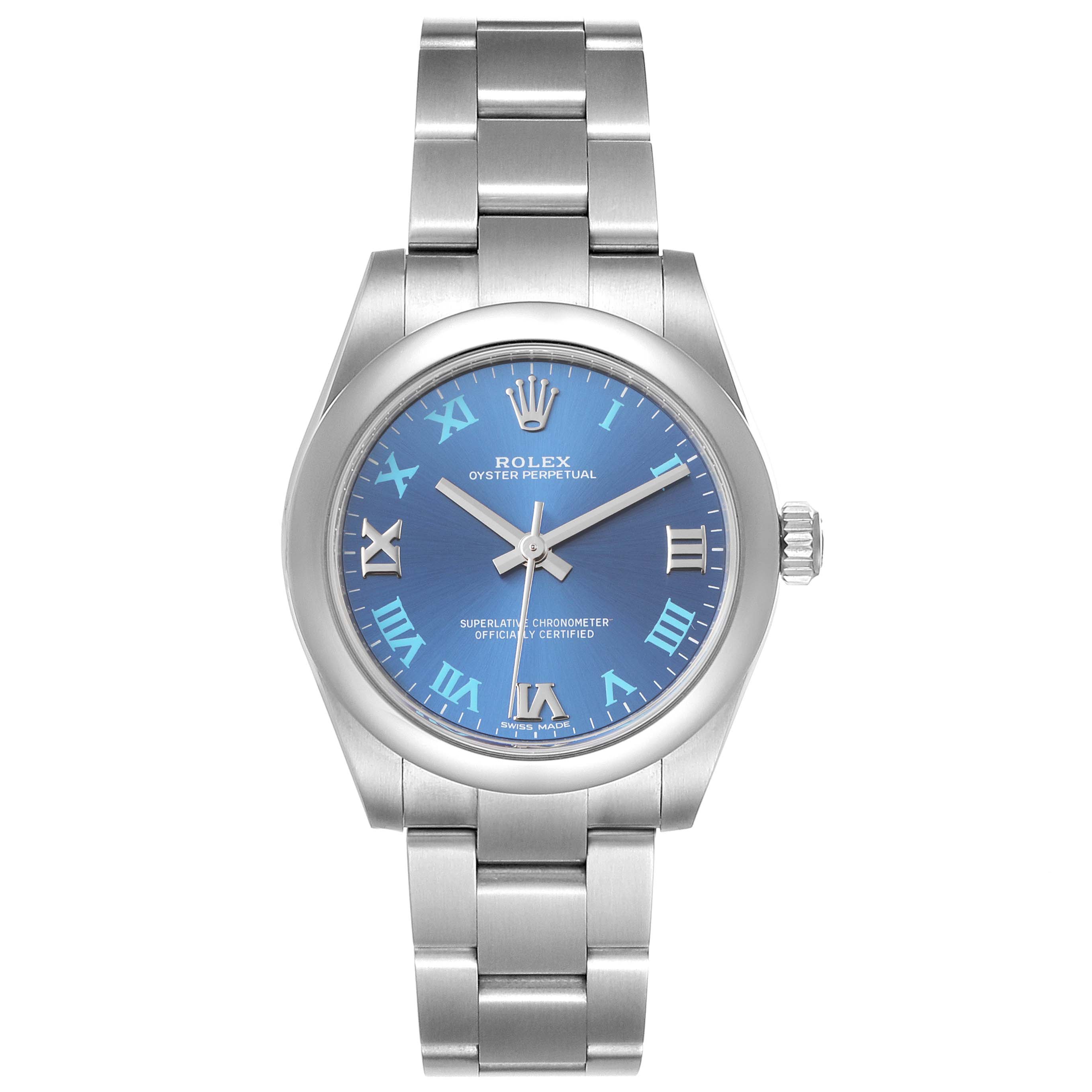 The image shows a front angle of a Mid-Size Rolex Oyster Perpetual watch with a blue dial and stainless steel bracelet. 