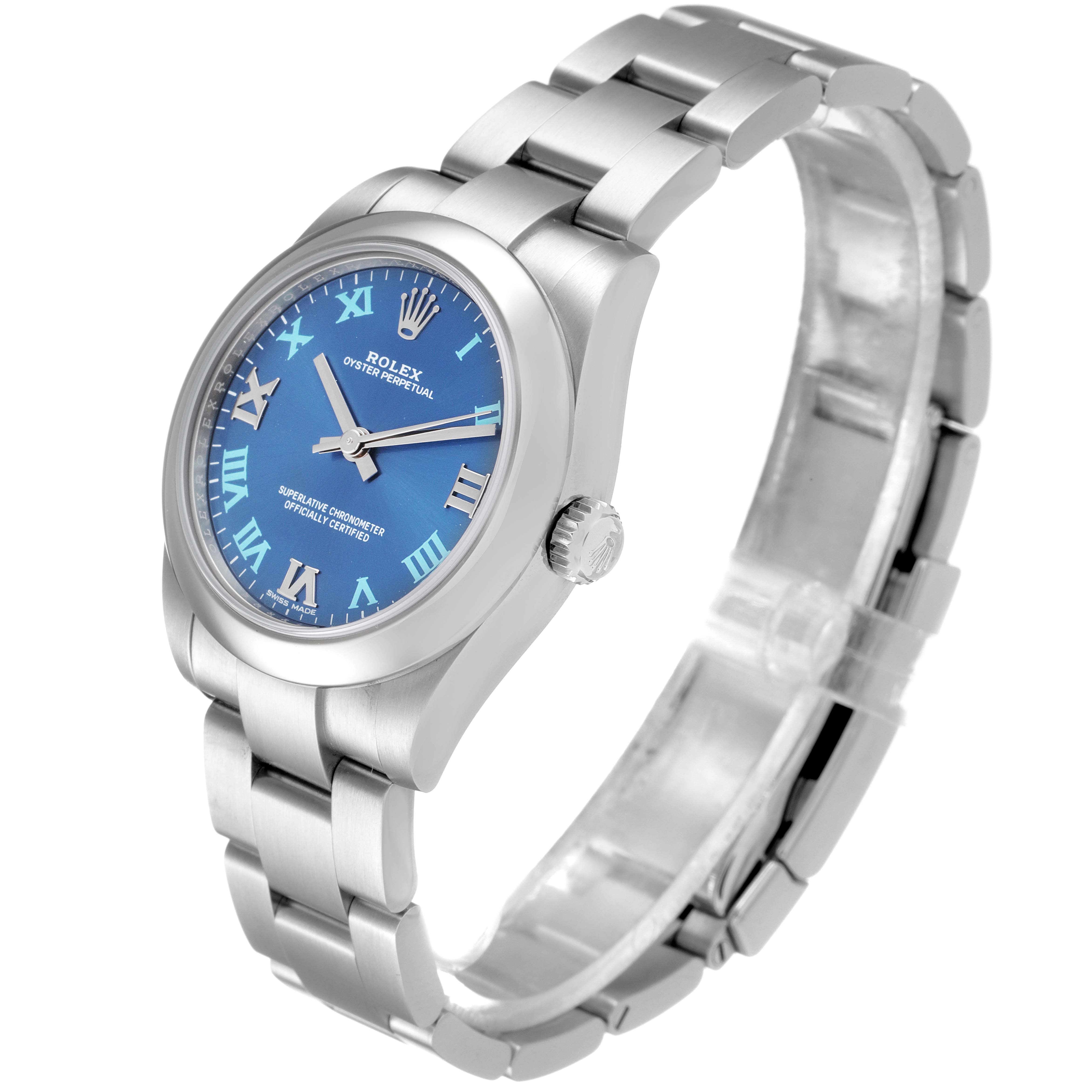 The image shows a side angle view of a Mid-Size Rolex Oyster Perpetual watch, showcasing its blue dial and metal bracelet.