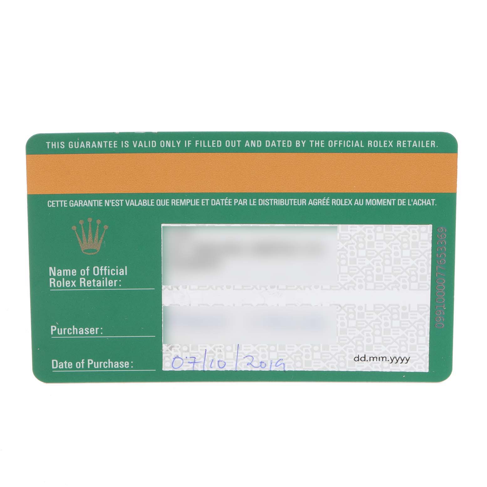 This image shows the guarantee card for the Mid-Size Rolex watch, with details for the official retailer and purchase date.