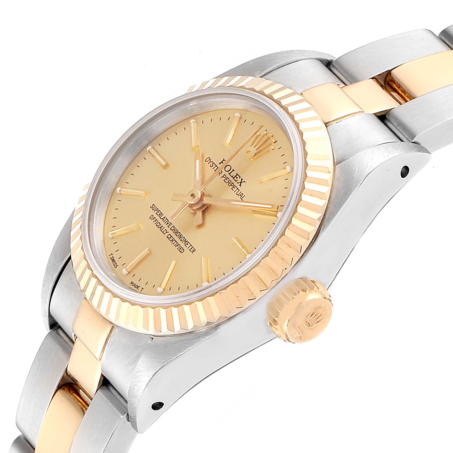 This image shows a Rolex Oyster Perpetual 67193 Women's Steel and Gold (two tone) Champagne Dial 67193 Women's Steel and Gold (two tone) Champagne Dial watch at an angle, highlighting the dial, bezel, and part of the bracelet.