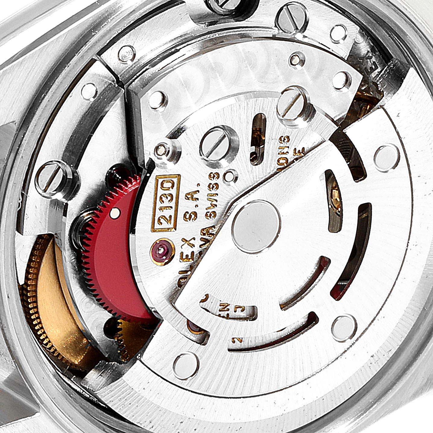 This image shows a close-up view of the movement mechanism of a Rolex Oyster Perpetual 67193 Women's Steel and Gold (two tone) Champagne Dial 67193 Women's Steel and Gold (two tone) Champagne Dial watch.