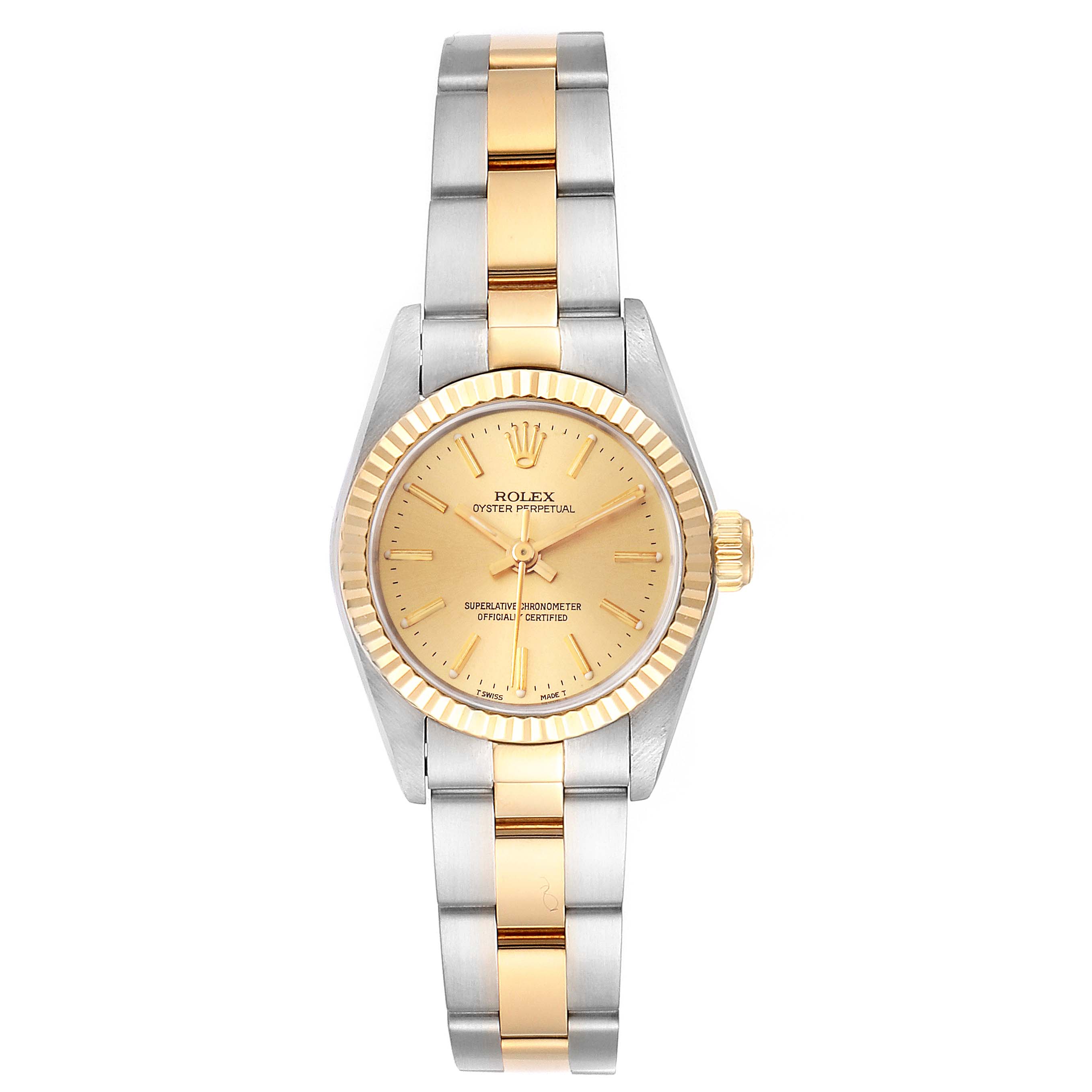 This image shows a front view of a Rolex Oyster Perpetual 67193 Women's Steel and Gold (two tone) Champagne Dial 67193 Women's Steel and Gold (two tone) Champagne Dial watch, showcasing its dial, bezel, and two-tone bracelet.
