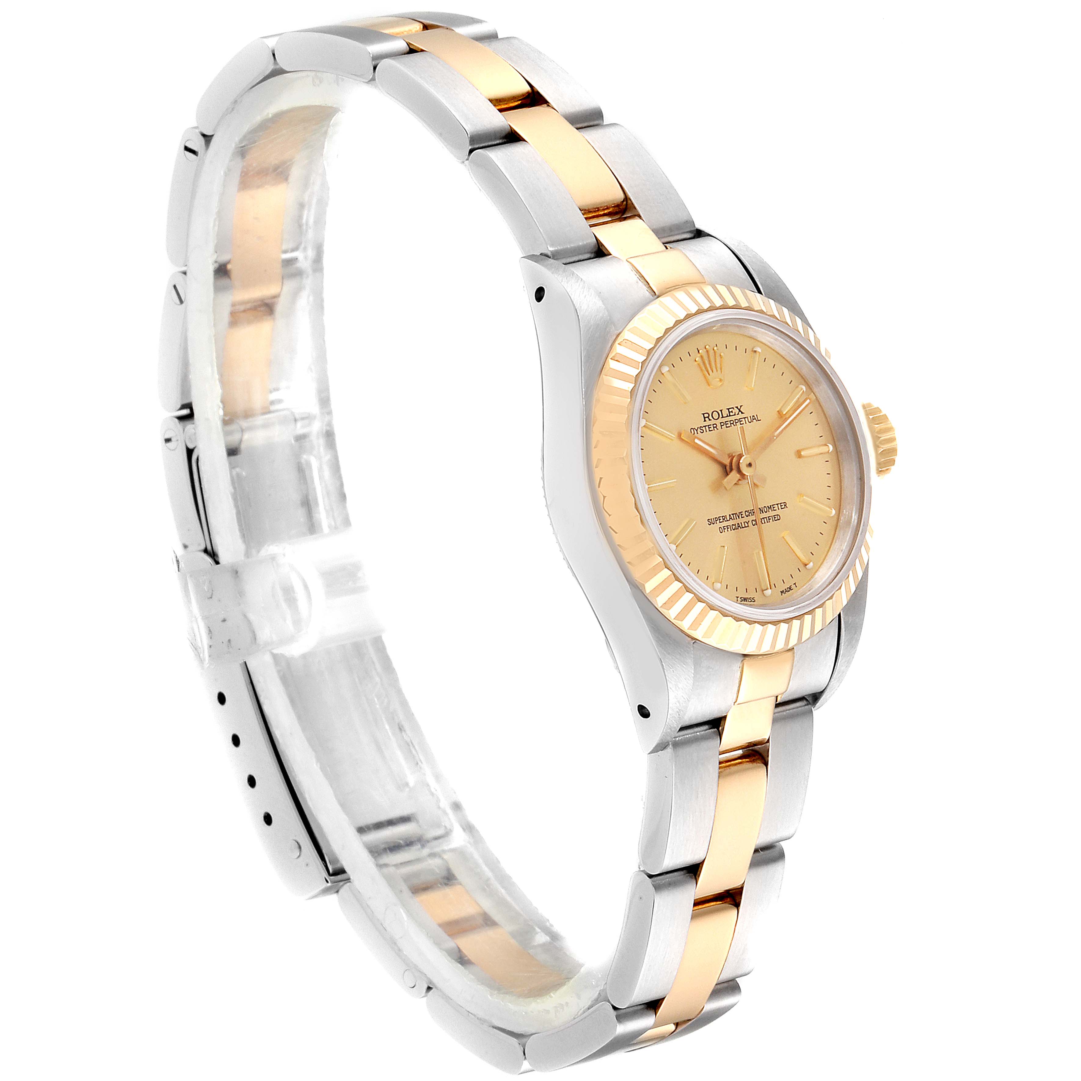 The image shows a side view of a Rolex Oyster Perpetual 67193 Women's Steel and Gold (two tone) Champagne Dial 67193 Women's Steel and Gold (two tone) Champagne Dial watch, highlighting the bracelet and face.
