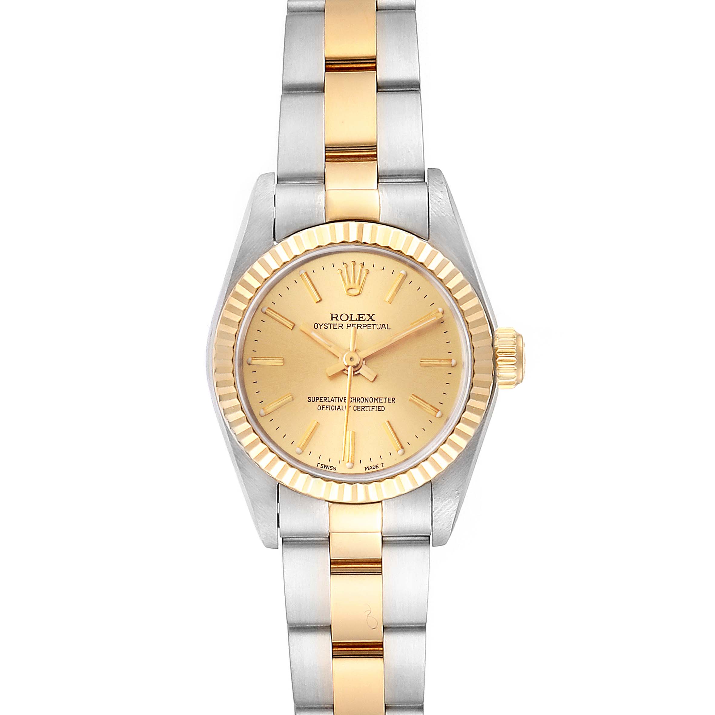 This is a front view of a Rolex Oyster Perpetual 67193 Women's Steel and Gold (two tone) Champagne Dial 67193 Women's Steel and Gold (two tone) Champagne Dial watch, showcasing the dial, bracelet, and bezel.
