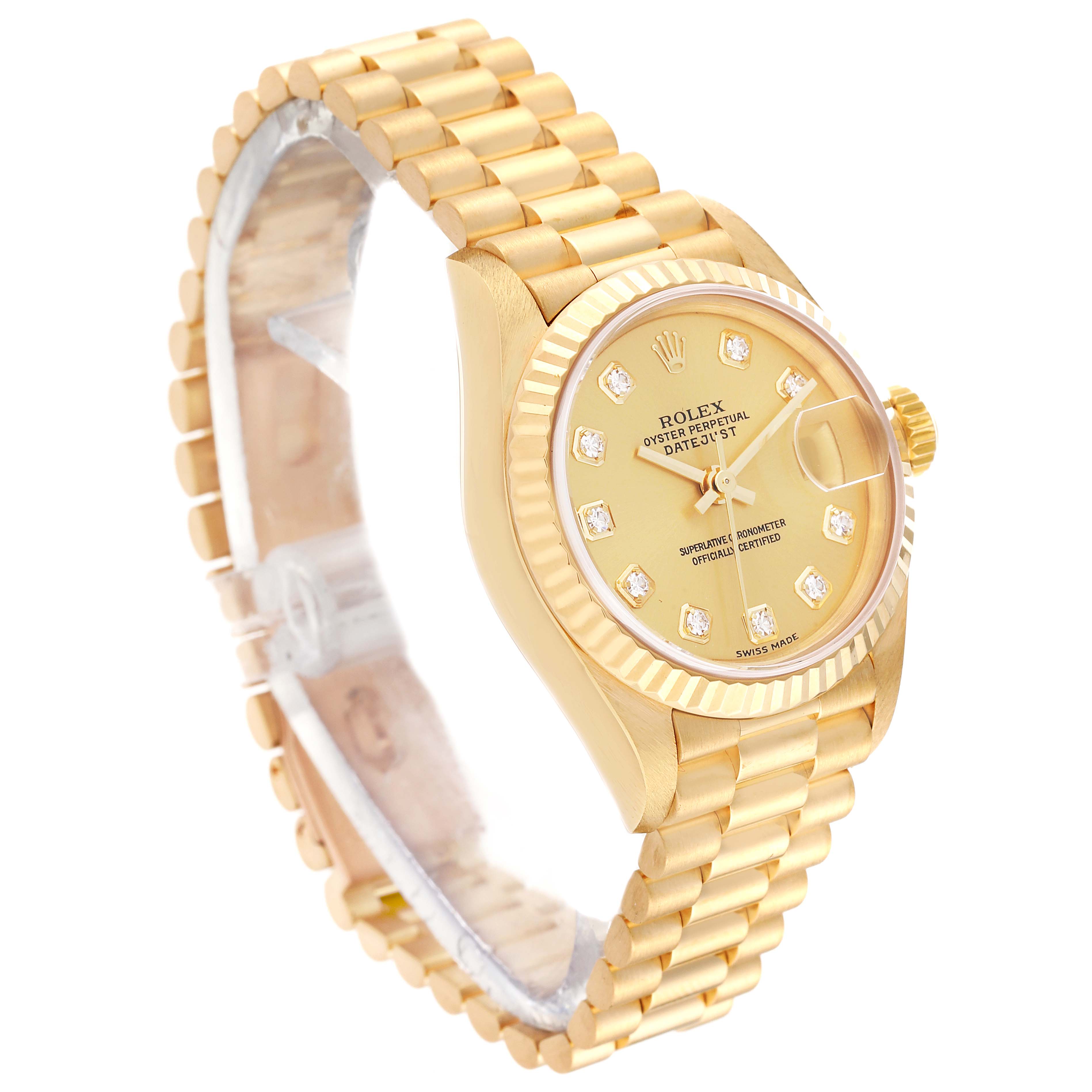 The image displays a side angle of a gold Rolex President 79178 Women's Yellow Gold Champagne Dial 79178 Women's Yellow Gold Champagne Dial model, highlighting the bracelet, face, and fluted bezel.