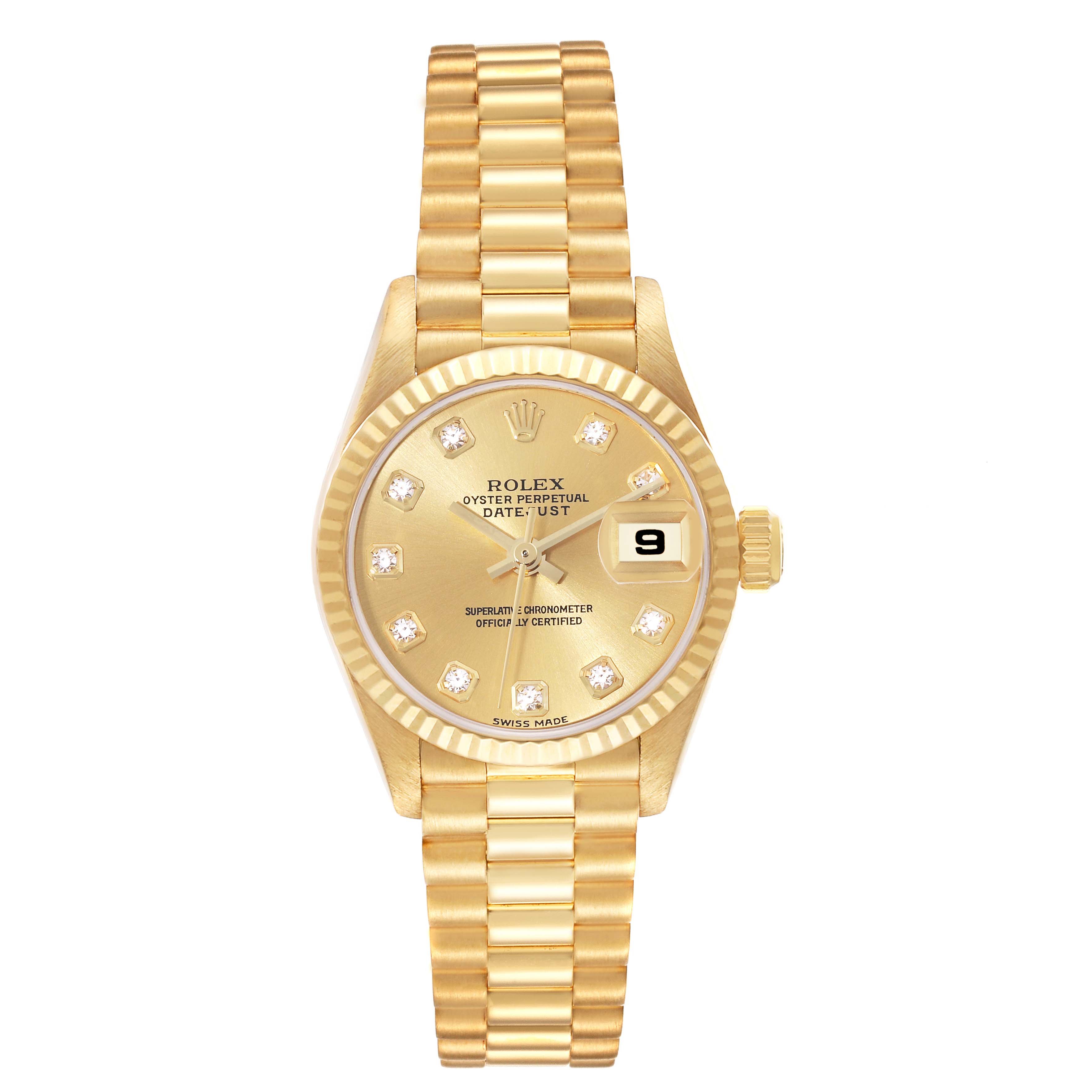 The Rolex President 79178 Women's Yellow Gold Champagne Dial 79178 Women's Yellow Gold Champagne Dial model watch is shown from the front, displaying its gold bracelet, dial, and date window.