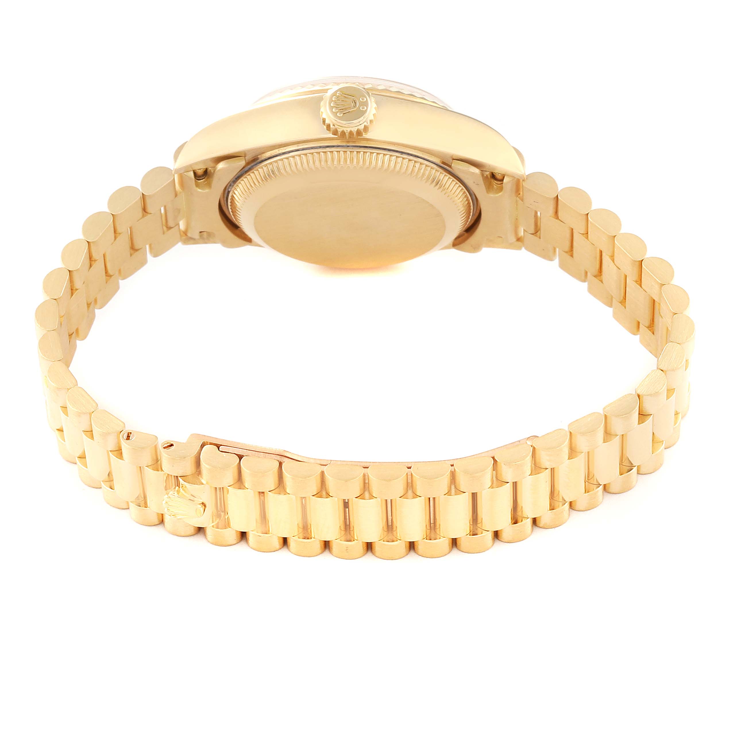 This image shows the back and side view of a Rolex President 79178 Women's Yellow Gold Champagne Dial 79178 Women's Yellow Gold Champagne Dial model watch, highlighting the bracelet and case back.