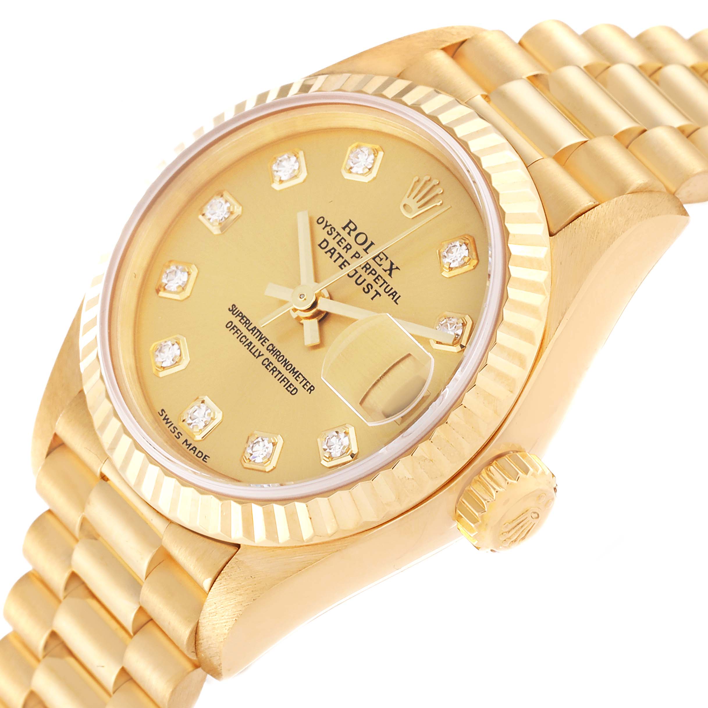 The image shows a close-up of the Rolex President 79178 Women's Yellow Gold Champagne Dial 79178 Women's Yellow Gold Champagne Dial model watch, highlighting its gold dial, diamond hour markers, and gold bracelet.