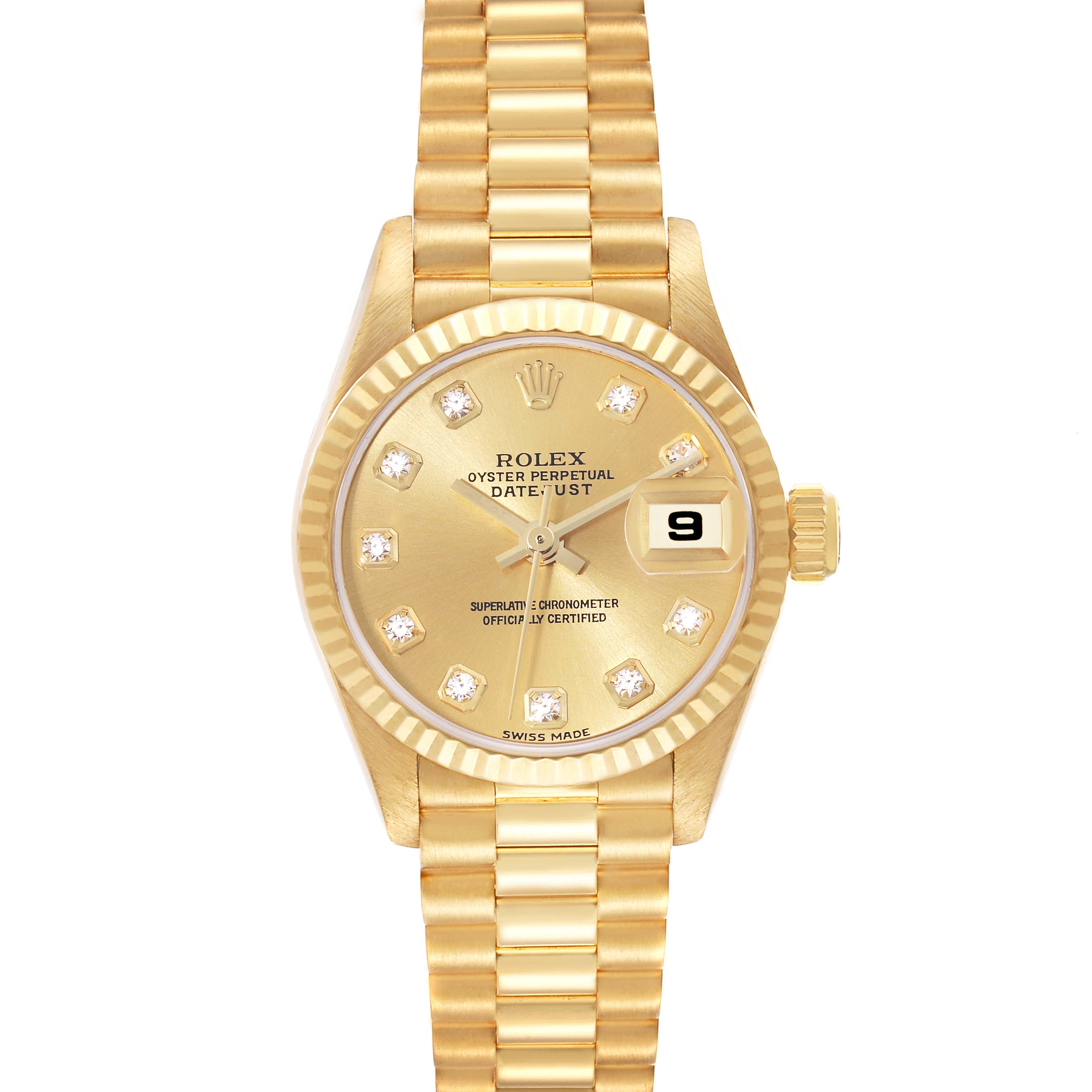 This image shows a front view of a Rolex President 79178 Women's Yellow Gold Champagne Dial 79178 Women's Yellow Gold Champagne Dial model, showcasing its gold case, dial, and bracelet.