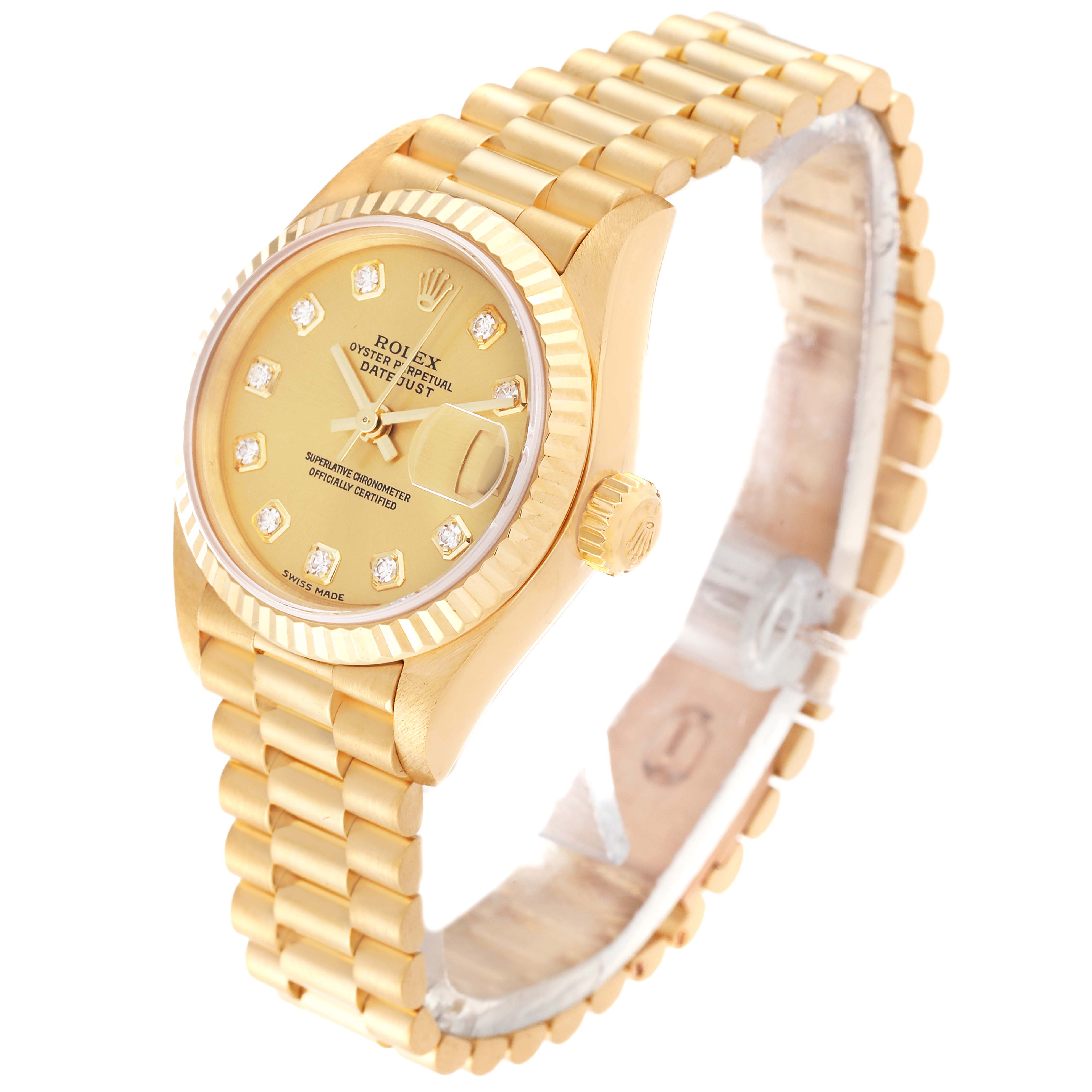 The image shows a Rolex President 79178 Women's Yellow Gold Champagne Dial 79178 Women's Yellow Gold Champagne Dial model watch at a three-quarter angle, highlighting the face, bezel, crown, and band.