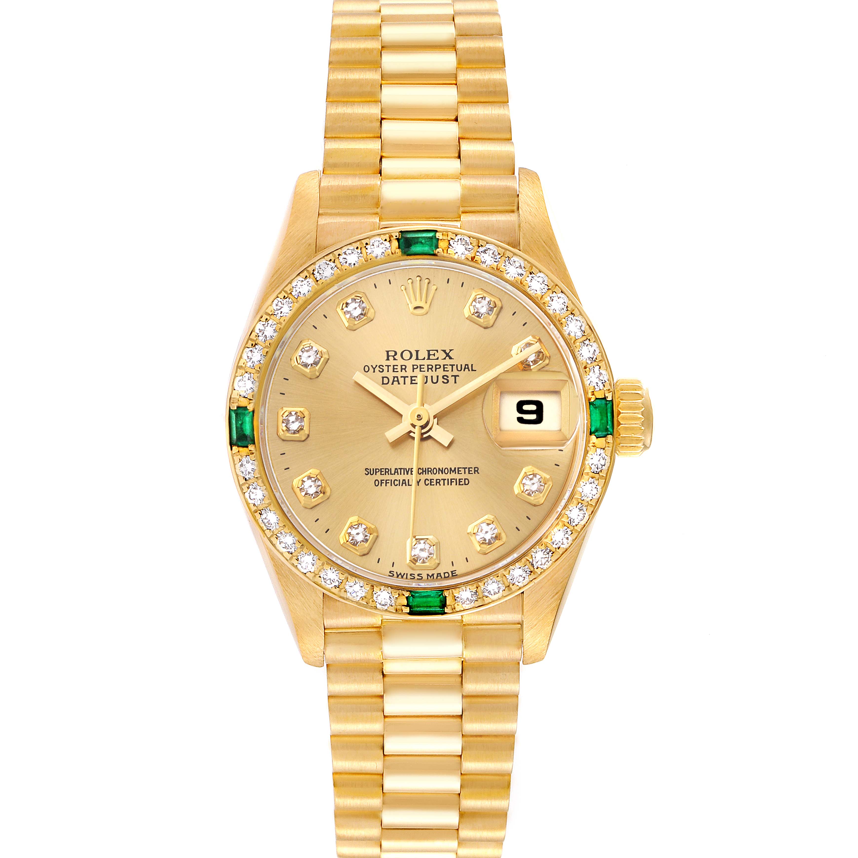 This image shows a Rolex President 69078 Women's Yellow Gold Champagne Dial 69078 Women's Yellow Gold Champagne Dial Datejust watch from a straight-on angle highlighting its face, bezel, and bracelet.