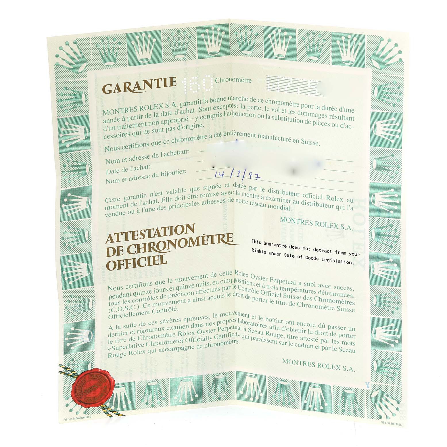 This image shows a guarantee and official chronometer certificate for a Rolex President 69078 Women's Yellow Gold Champagne Dial 69078 Women's Yellow Gold Champagne Dial model watch.