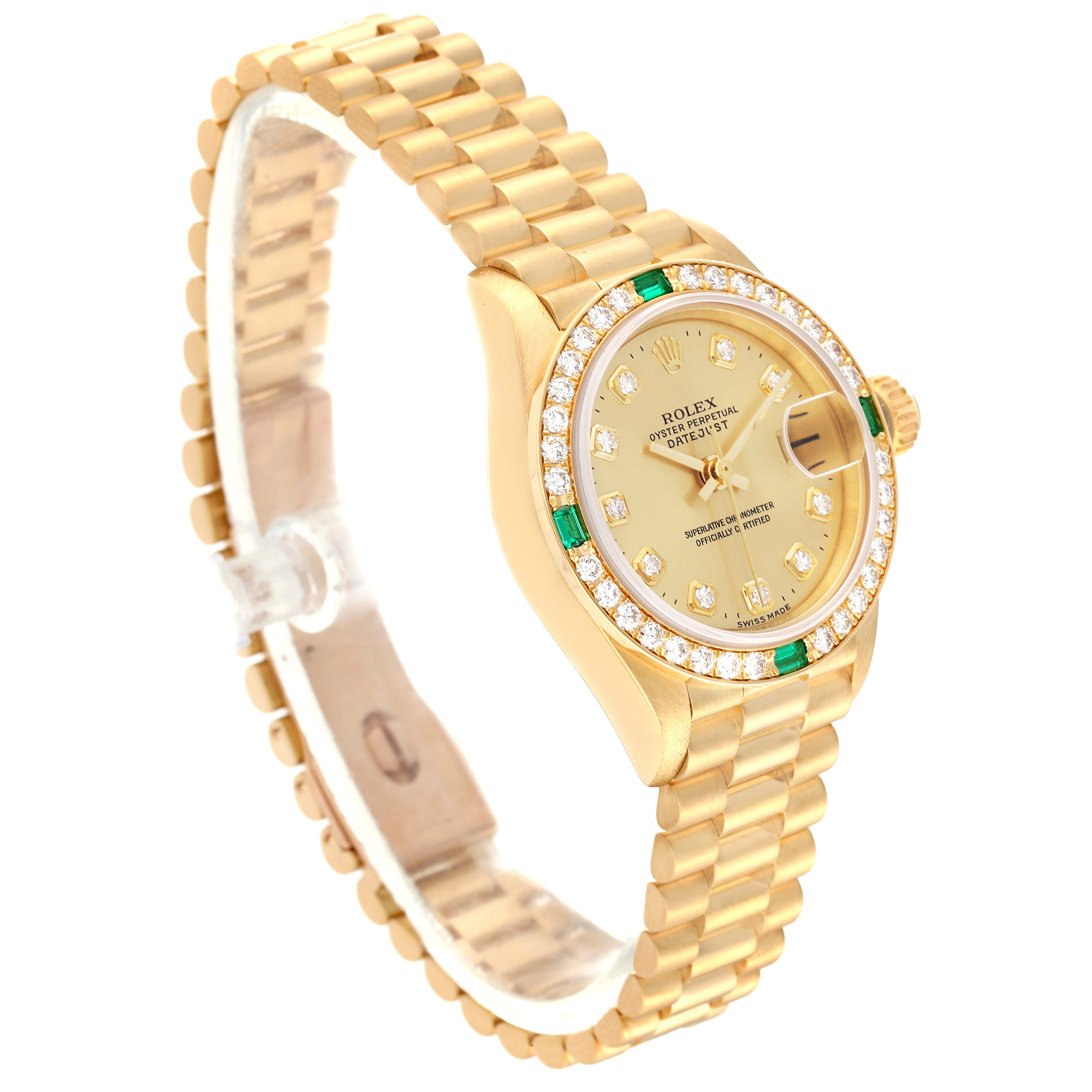 This image shows a Rolex President 69078 Women's Yellow Gold Champagne Dial 69078 Women's Yellow Gold Champagne Dial model watch at a three-quarter angle, highlighting its golden bracelet and diamond-studded dial.