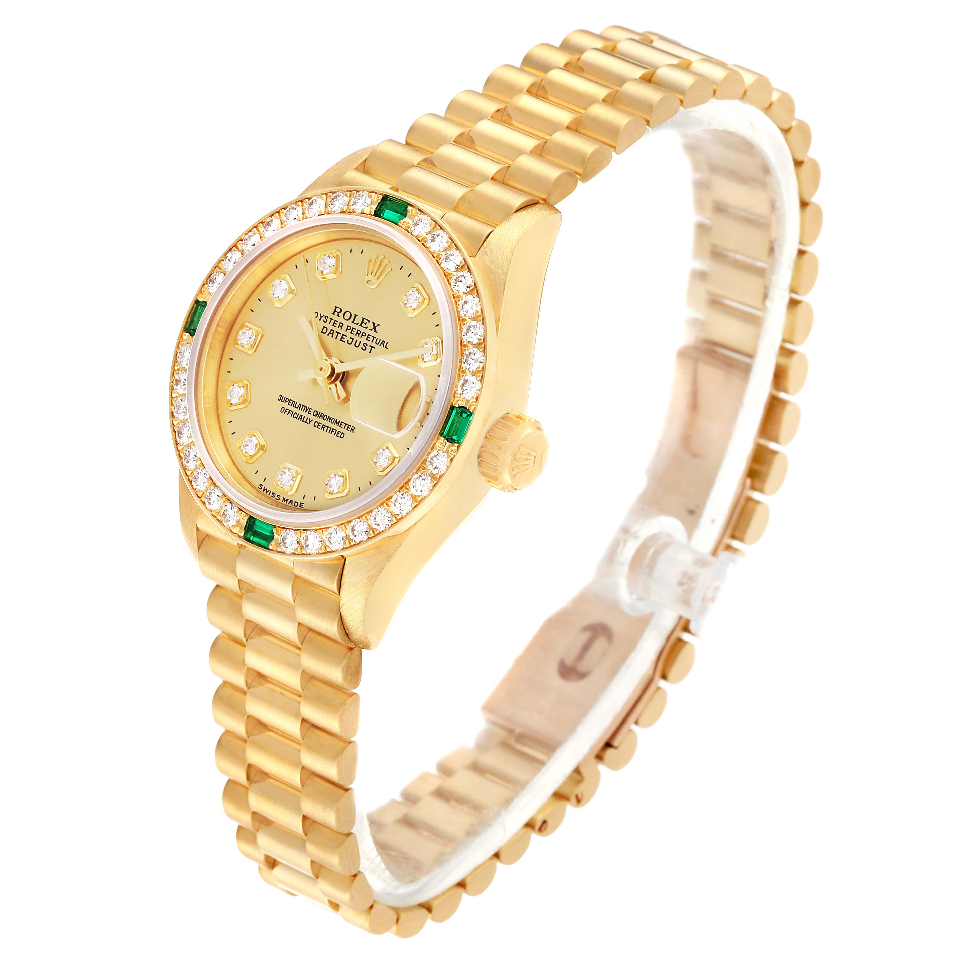 The Rolex President 69078 Women's Yellow Gold Champagne Dial 69078 Women's Yellow Gold Champagne Dial model watch is shown at a three-quarter angle, displaying the face, bezel, crown, and bracelet.