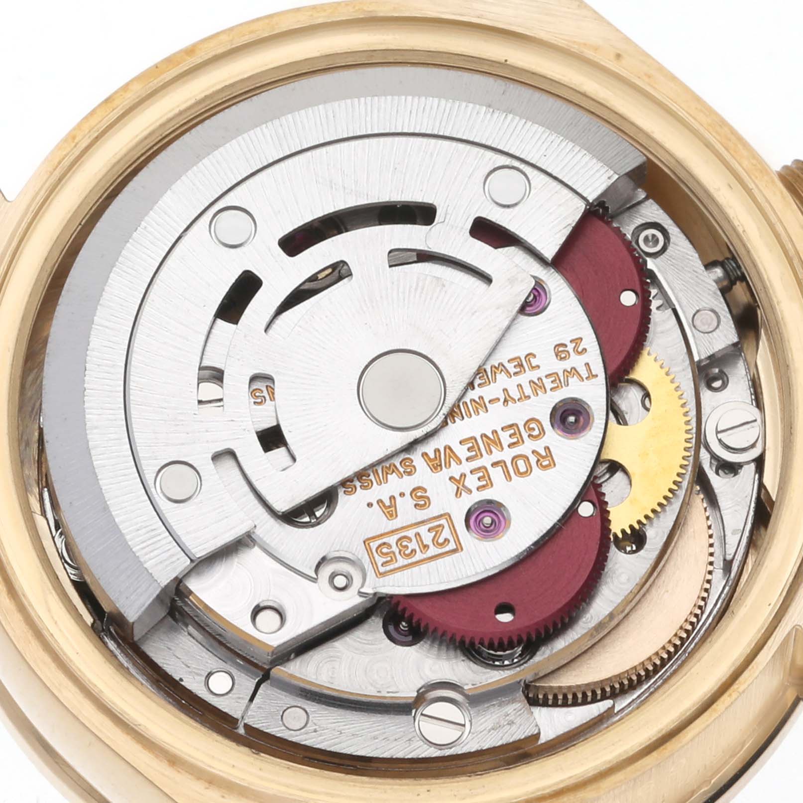 The image shows the internal mechanism of a Rolex President 69078 Women's Yellow Gold Champagne Dial 69078 Women's Yellow Gold Champagne Dial model watch from a top-down angle.