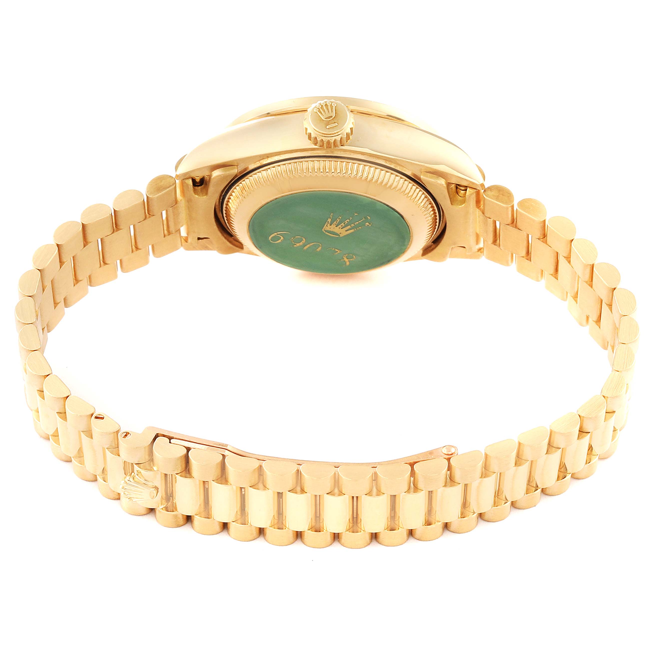 The image shows the back case and bracelet of a Rolex President 69078 Women's Yellow Gold Champagne Dial 69078 Women's Yellow Gold Champagne Dial model watch from a rear angle.