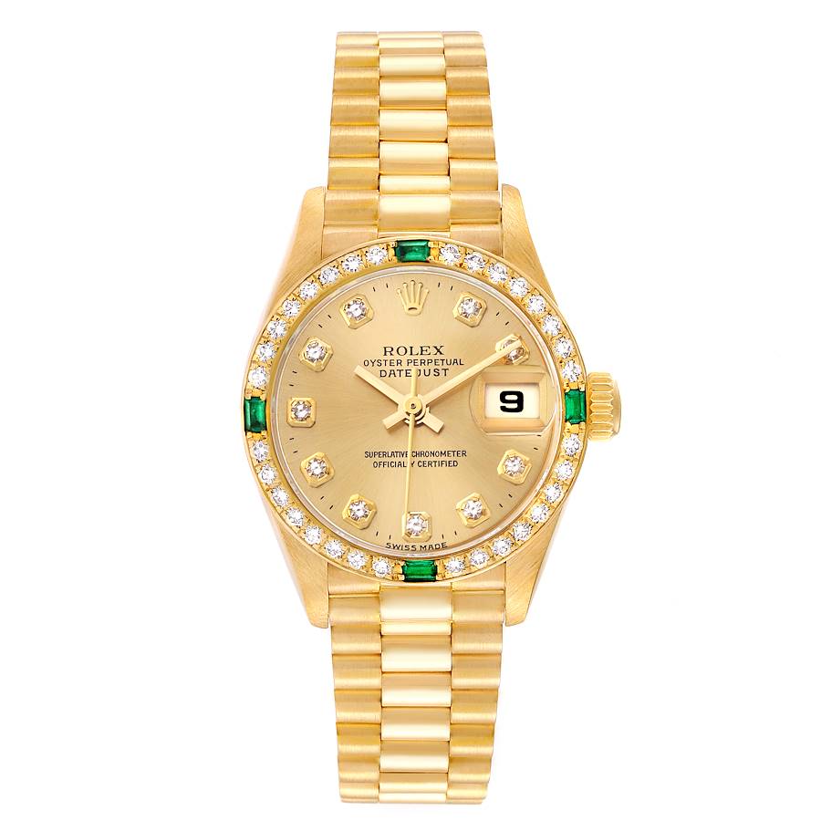 Rolex President Datejust Yellow Gold Diamond Emerald Watch 69078 Box Papers SwissWatchExpo