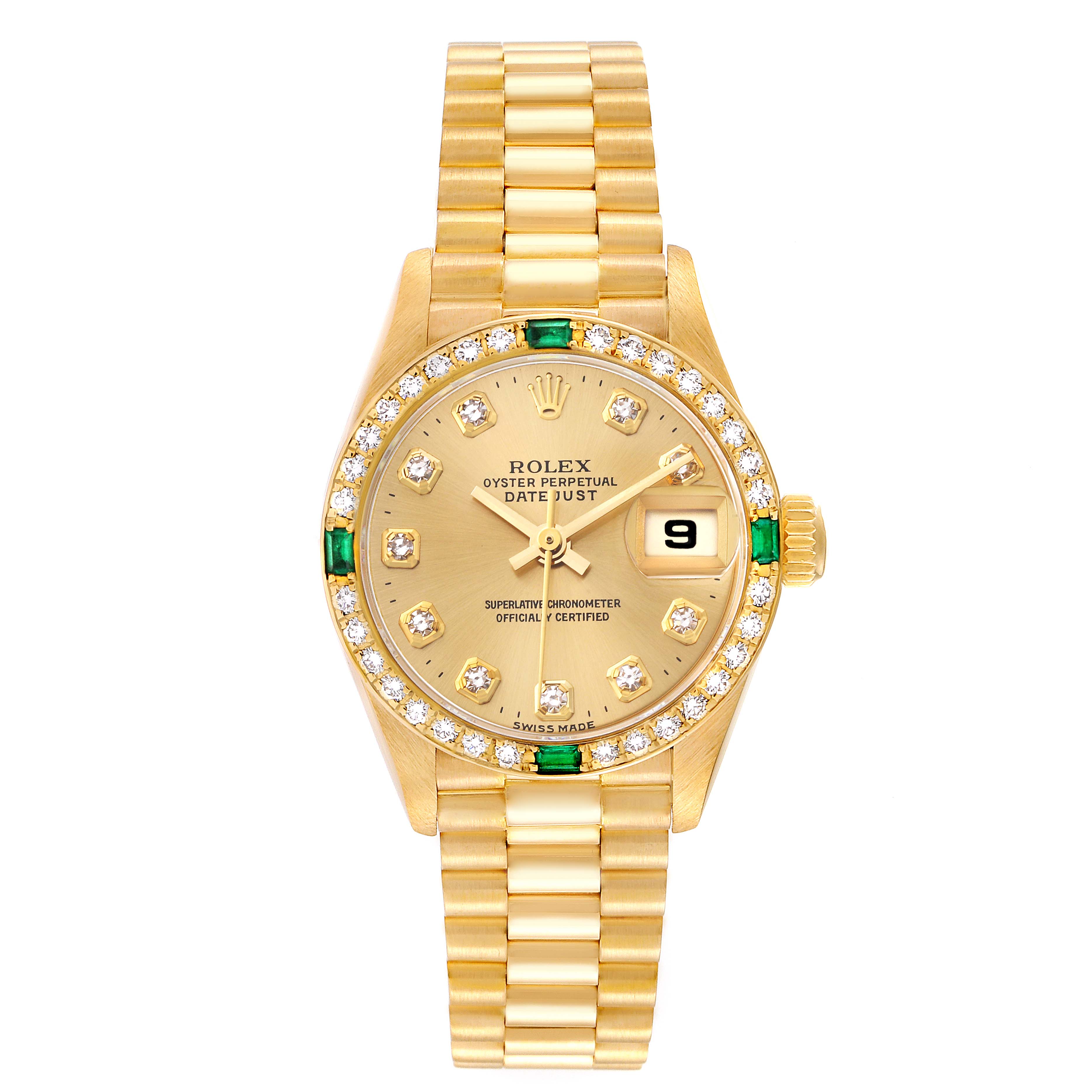 The image shows a Rolex President 69078 Women's Yellow Gold Champagne Dial 69078 Women's Yellow Gold Champagne Dial model watch from a front view, highlighting its gold bracelet, diamond bezel, and date window.