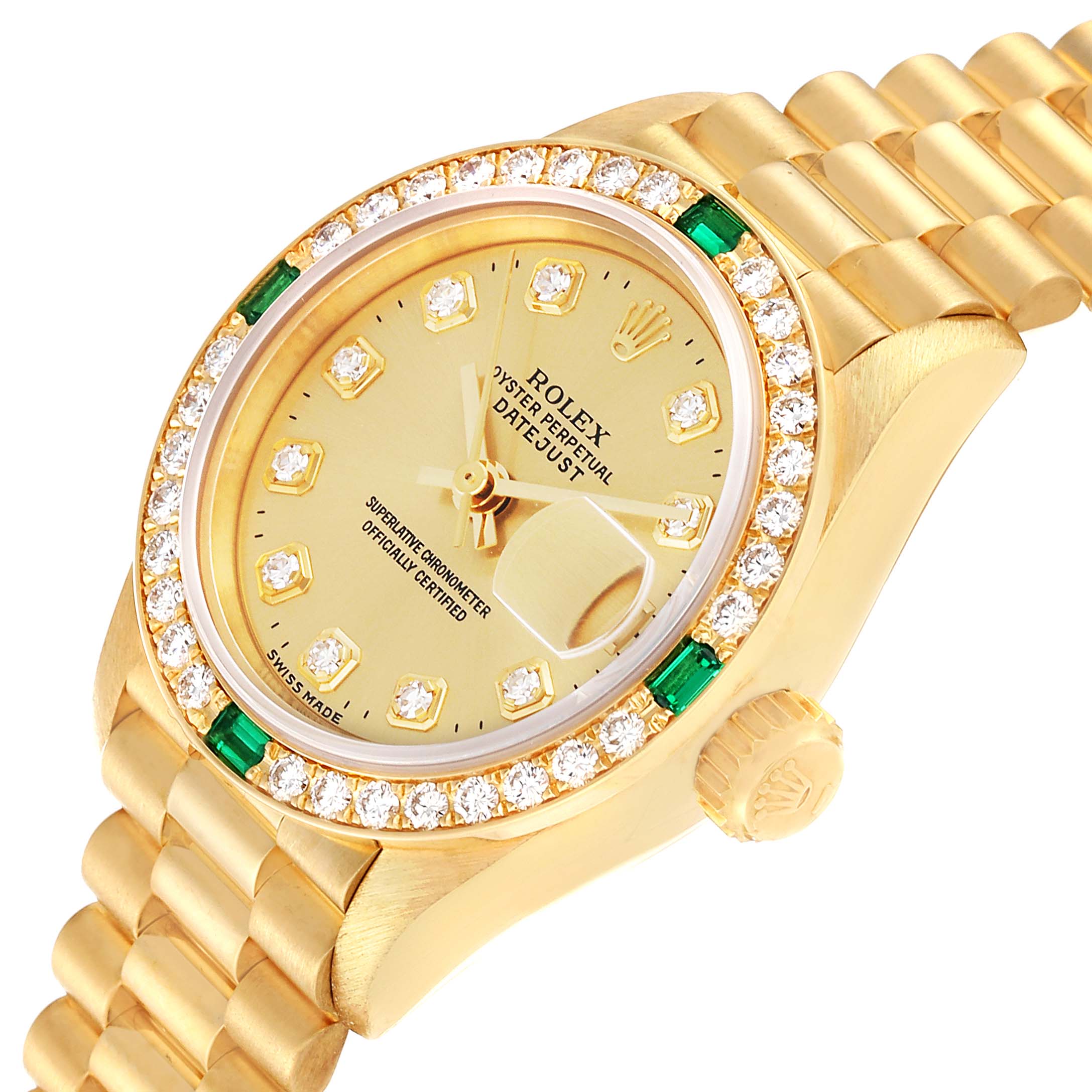 The Rolex President 69078 Women's Yellow Gold Champagne Dial 69078 Women's Yellow Gold Champagne Dial model is shown at an oblique angle, highlighting its gold dial, diamond and emerald bezel, and bracelet.